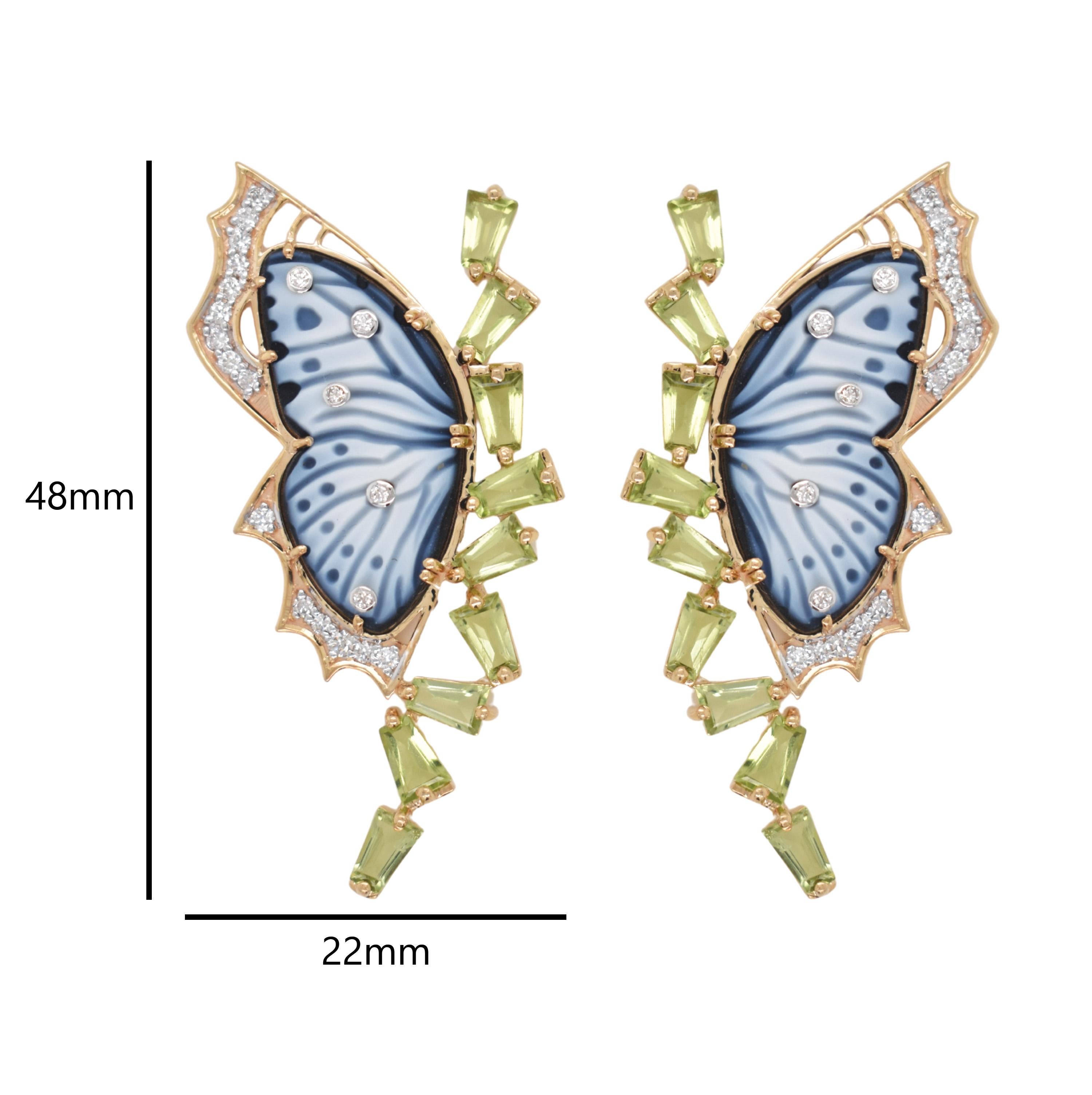 Boucles d'oreilles pendantes en or avec peridot, papillon en agate naturelle sculptée à la main en vente 1
