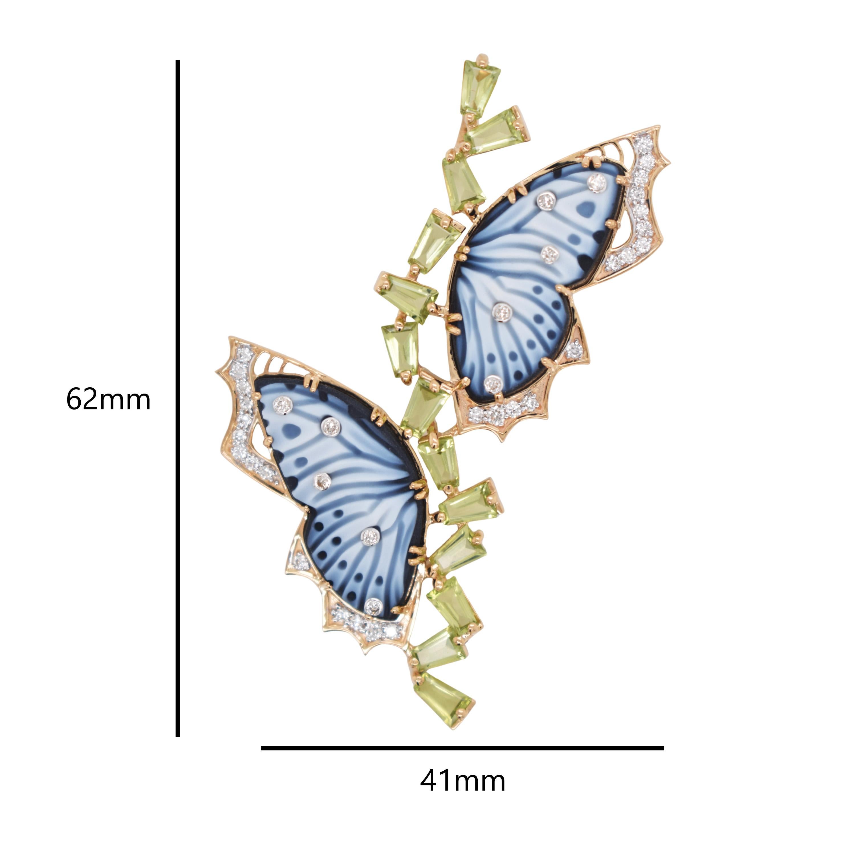 Boucles d'oreilles pendantes en or avec peridot, papillon en agate naturelle sculptée à la main en vente 2