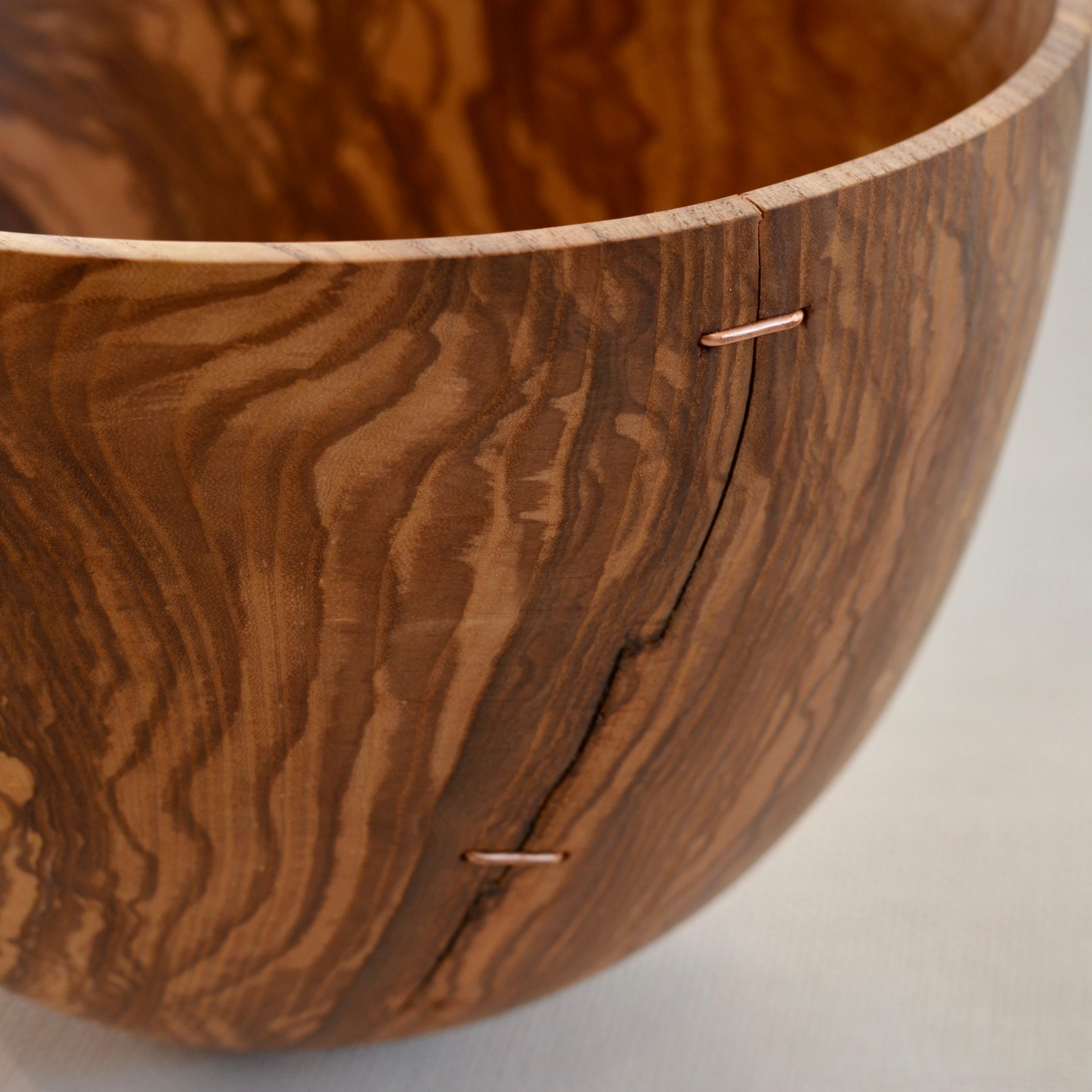 Hand-carved, 100-year-old Green Ash oiled wood bowl with copper staples. Created using wood only from fallen Ash trees. One of a kind.
