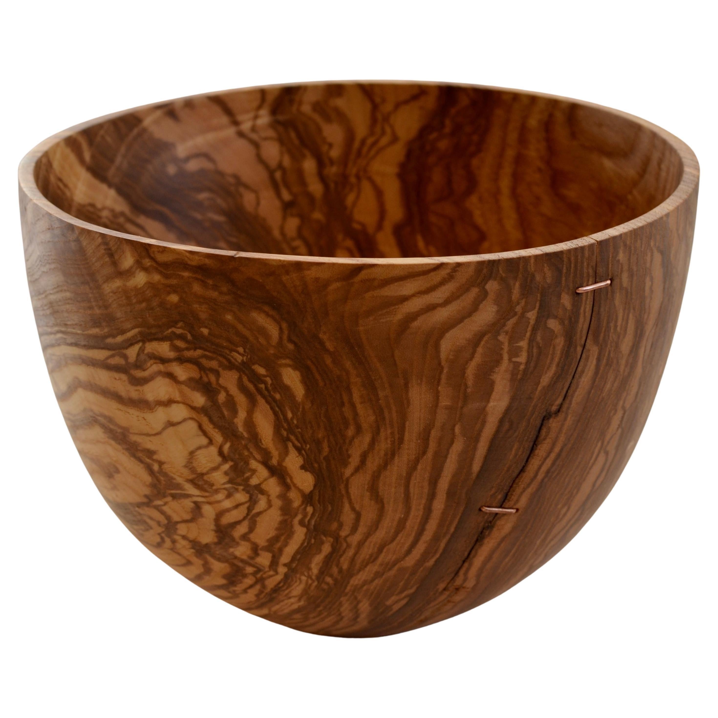 Hand-Carved Natural Ash Wood Bowl with Staple Details For Sale