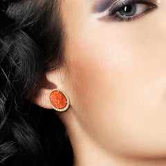 Hand-Carved Natural Coral Cameo Earrings In 18k Gold