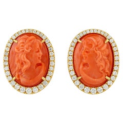 Hand-Carved Natural Coral Cameo Earrings In 18k Gold