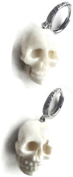 Hand Carved Natural Italian White Coral Skull Earrings with 14k Diamond Hoops