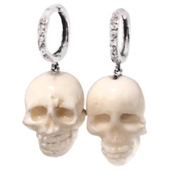 Hand Carved Natural Italian White Coral Skull Earrings with 14k Diamond Hoops