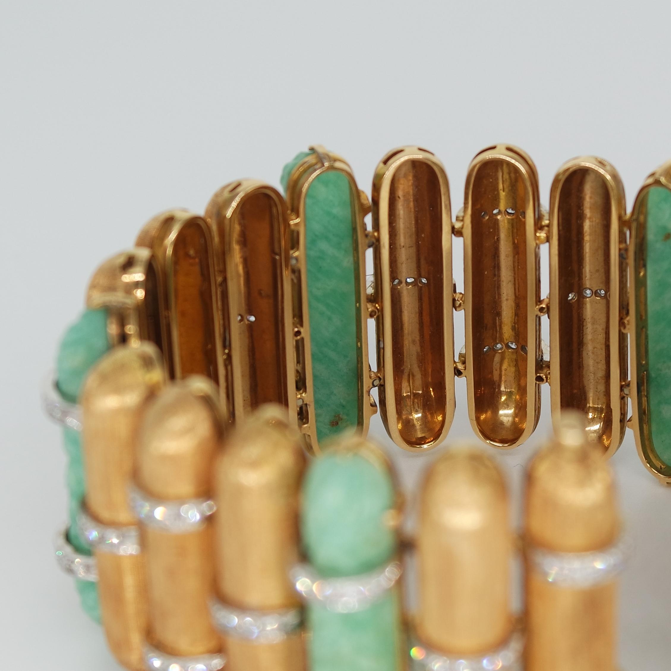 Romantic Hand Carved Natural Jade, Diamonds and 18 Karat Gold Cuff Bracelet, 1950 Circa