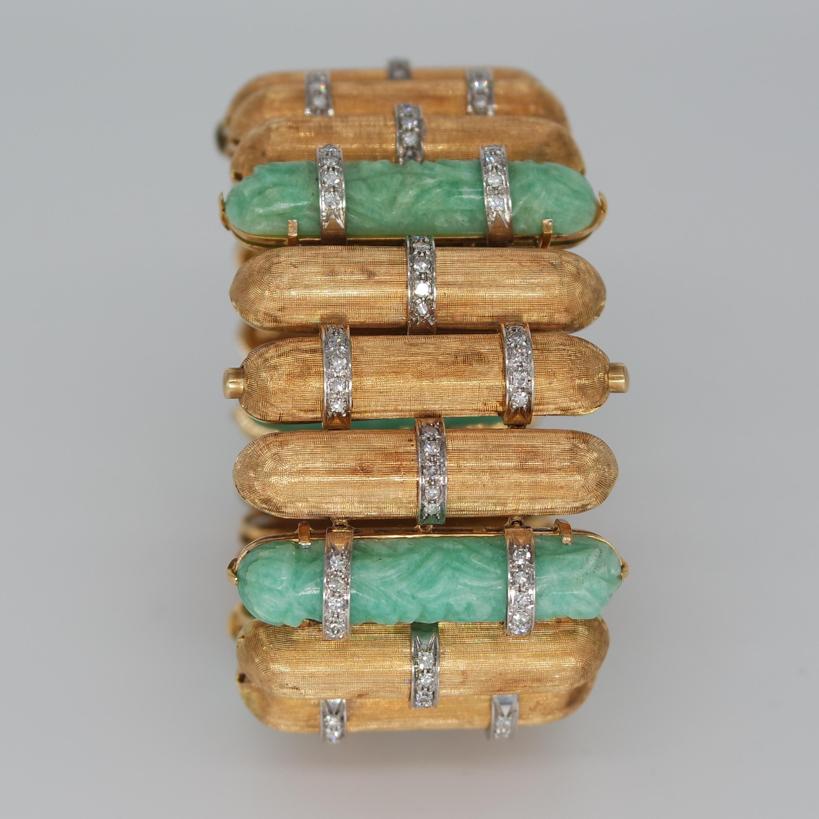 Women's or Men's Hand Carved Natural Jade, Diamonds and 18 Karat Gold Cuff Bracelet, 1950 Circa