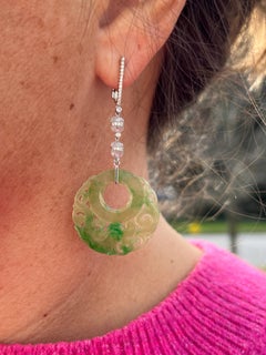 Hand Carved Natural Jadeite Diamond 18k White Gold Omega Back Dangle Earrings