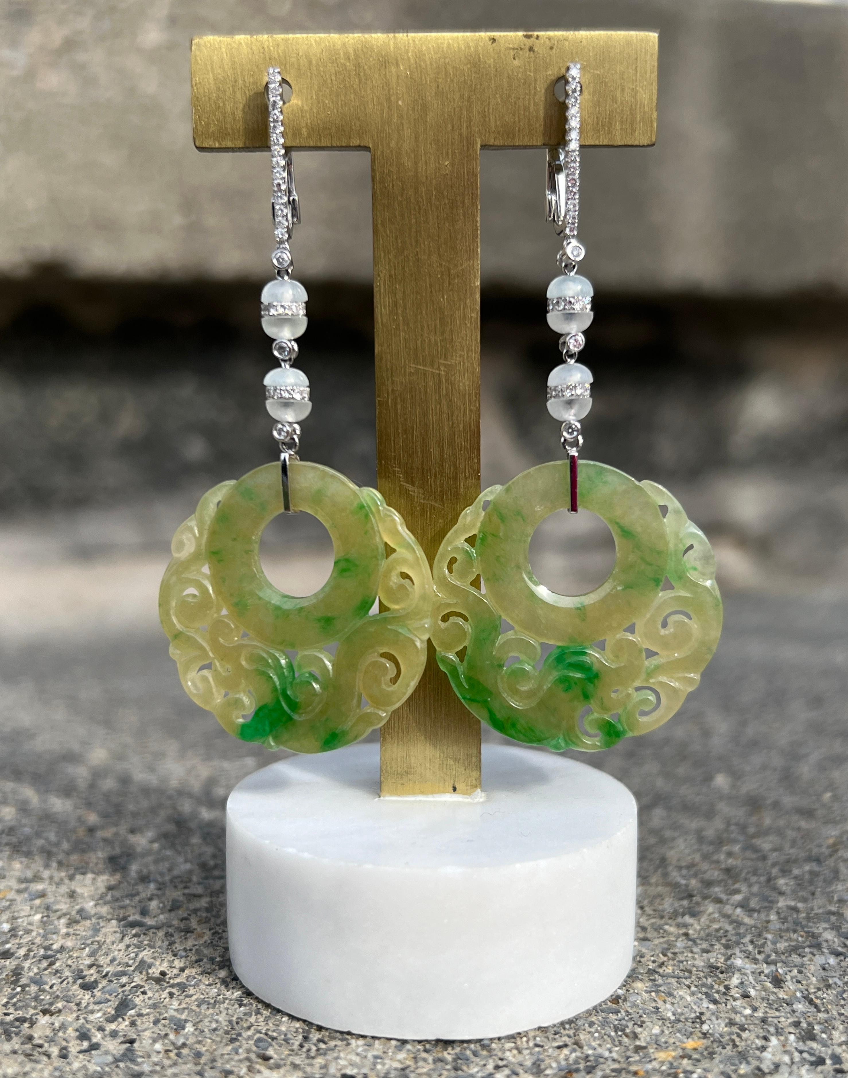 Modern Hand Carved Natural Jadeite Diamond 18k White Gold Omega Back Dangle Earrings For Sale