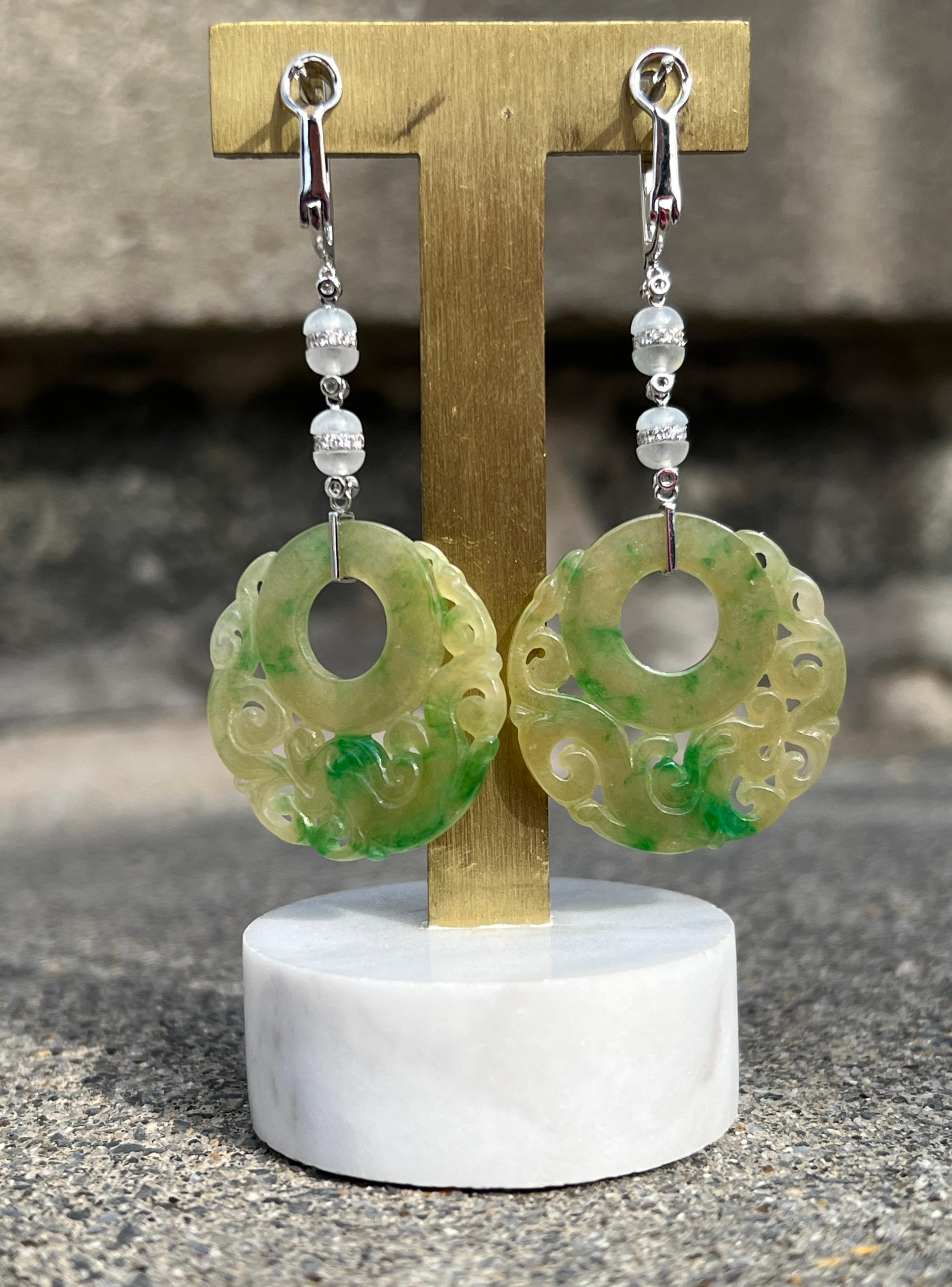 Round Cut Hand Carved Natural Jadeite Diamond 18k White Gold Omega Back Dangle Earrings For Sale