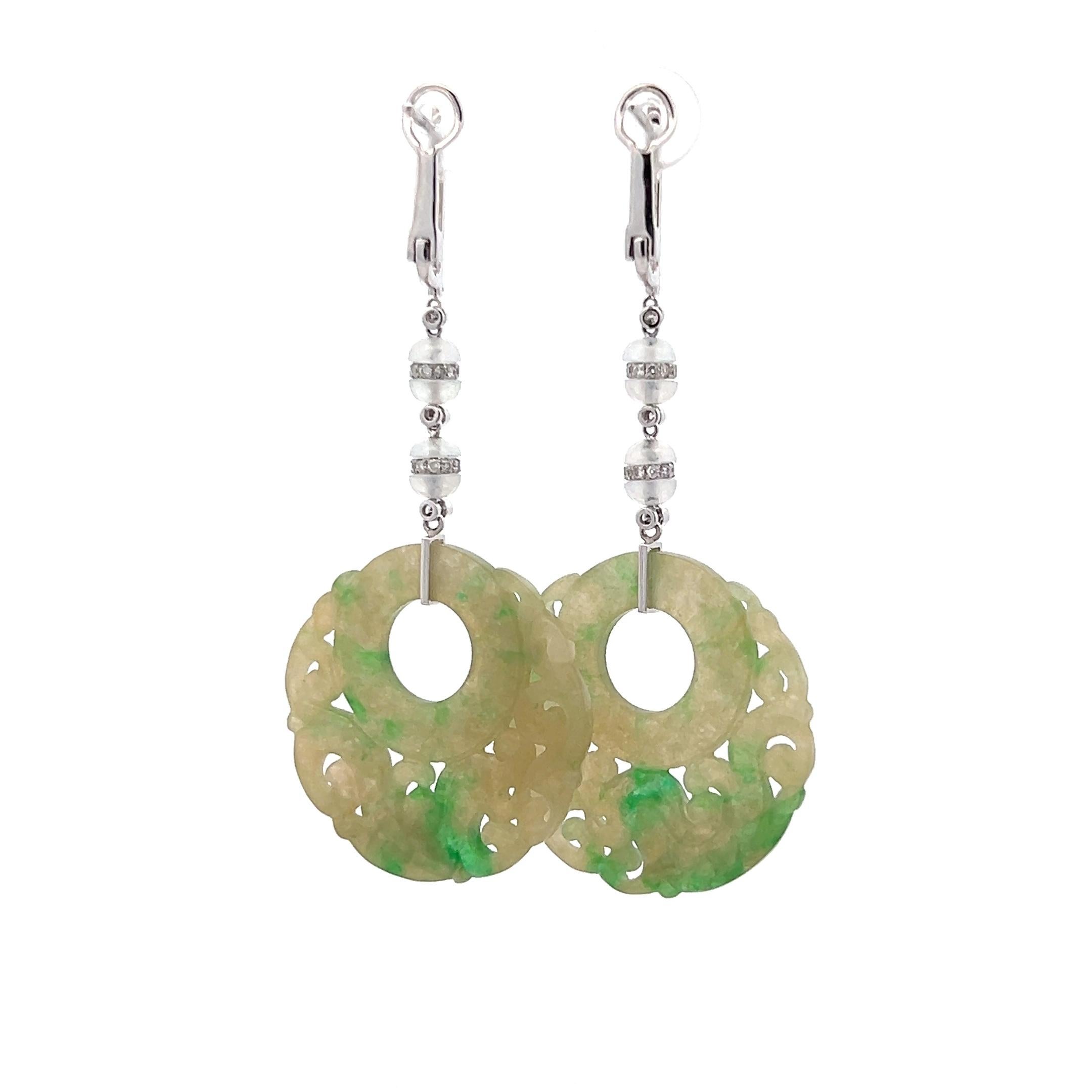 Hand Carved Natural Jadeite Diamond 18k White Gold Omega Back Dangle Earrings In Good Condition For Sale In Towson, MD