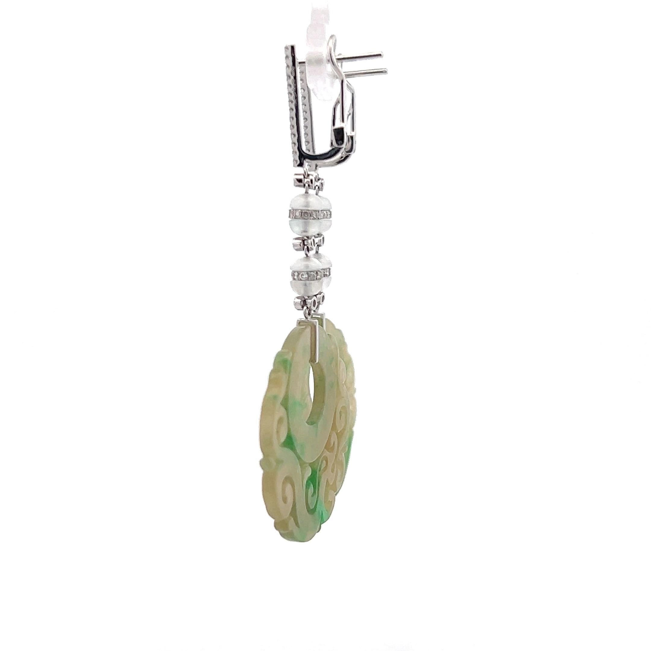 Women's or Men's Hand Carved Natural Jadeite Diamond 18k White Gold Omega Back Dangle Earrings For Sale