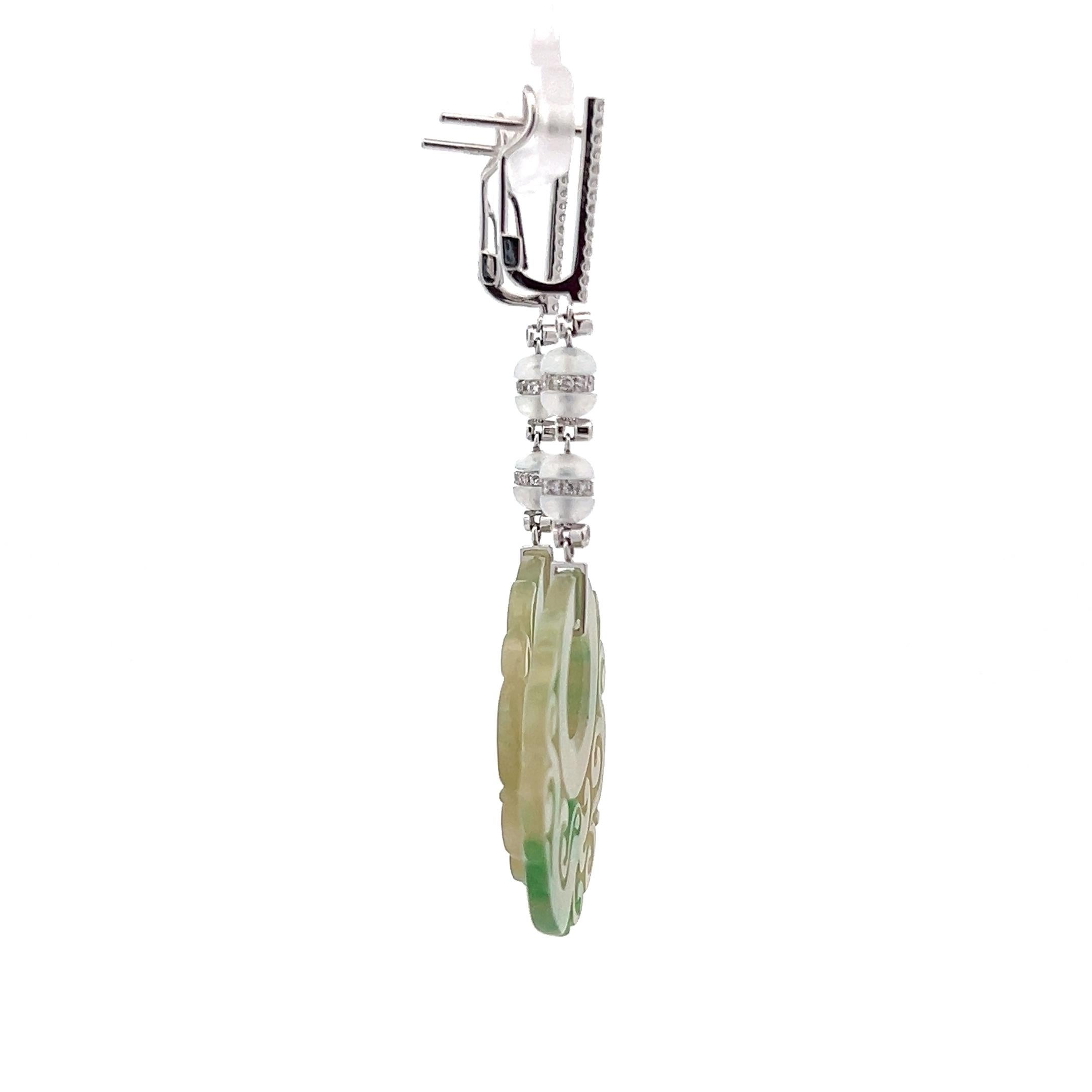 Hand Carved Natural Jadeite Diamond 18k White Gold Omega Back Dangle Earrings For Sale 1