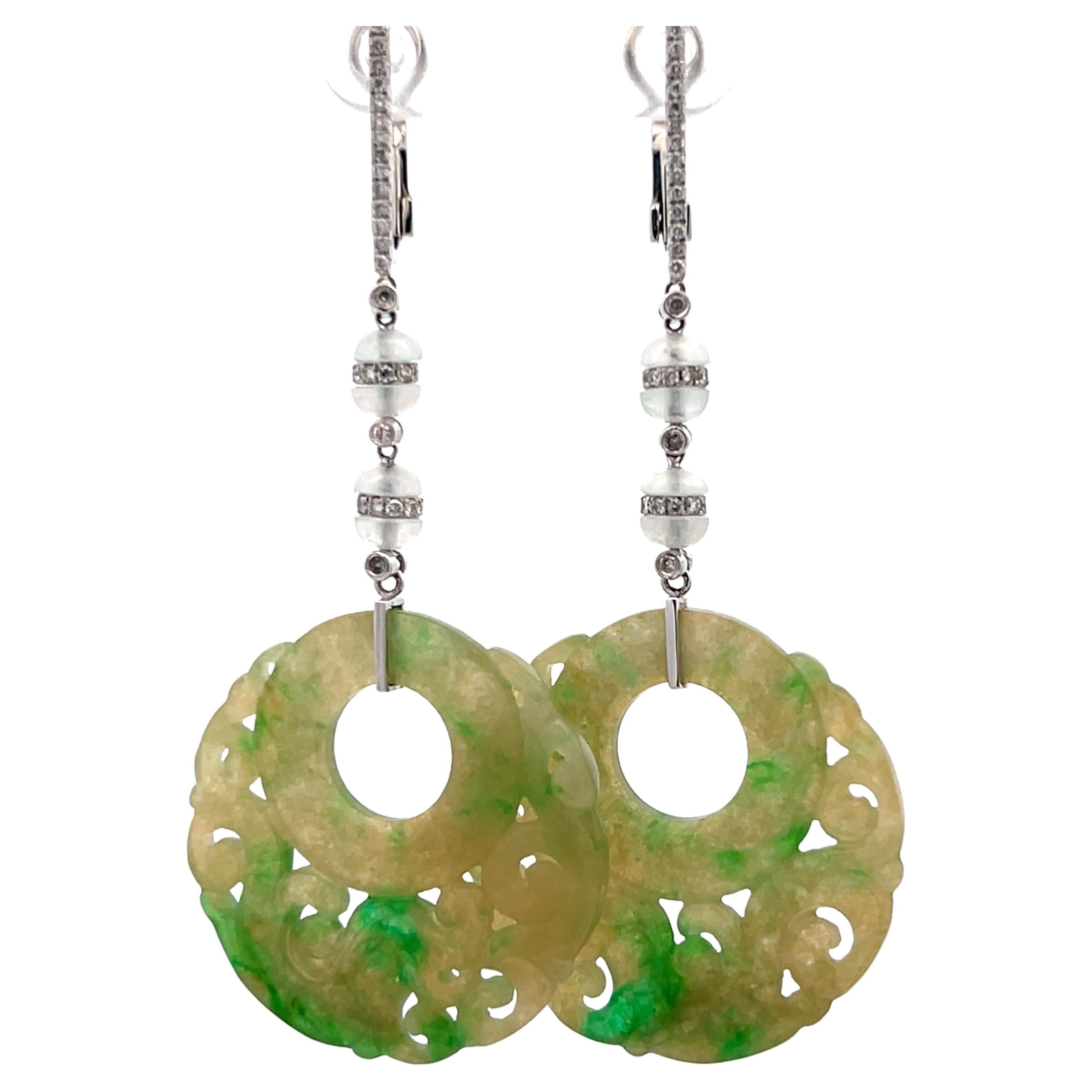 Hand Carved Natural Jadeite Diamond 18k White Gold Omega Back Dangle Earrings For Sale