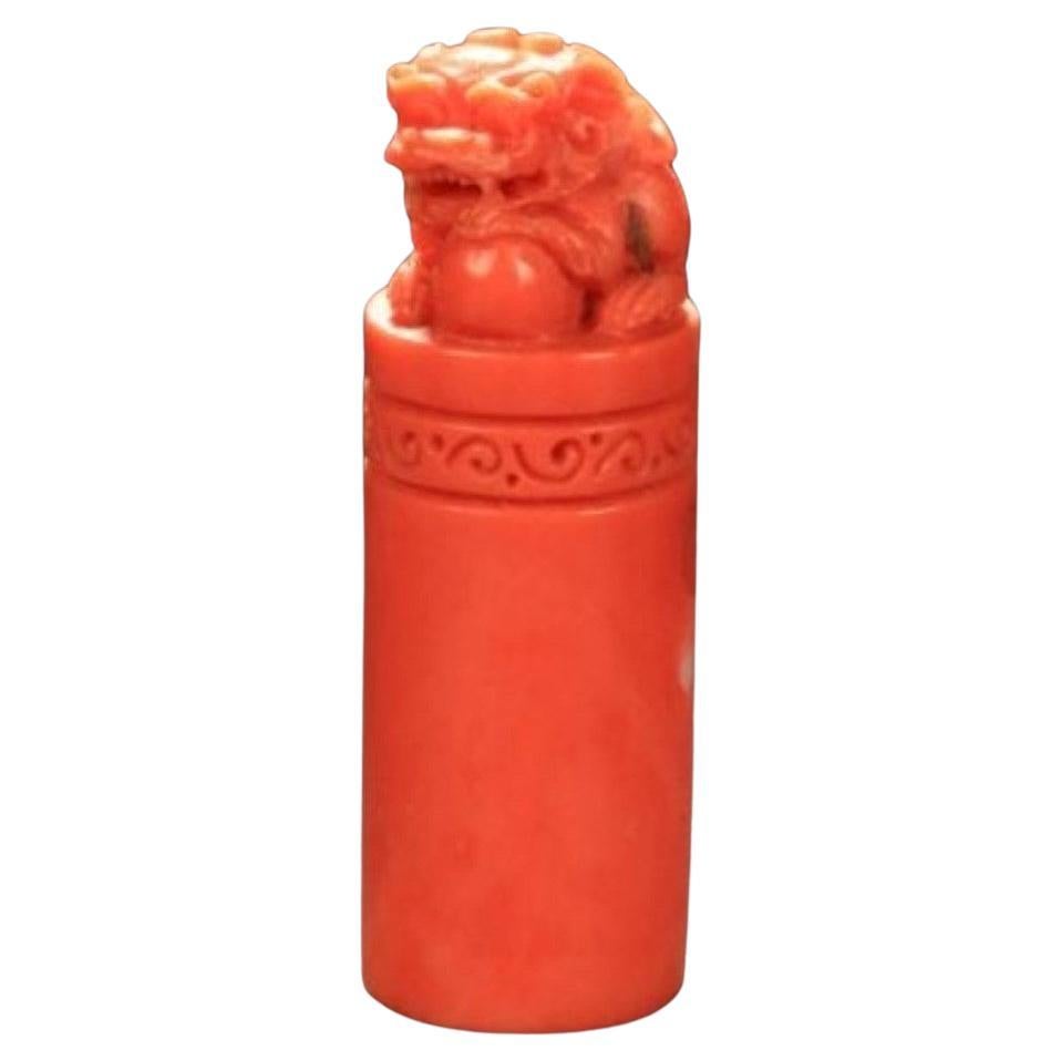 Sello de león chino de coral rojo anaranjado natural tallado a mano