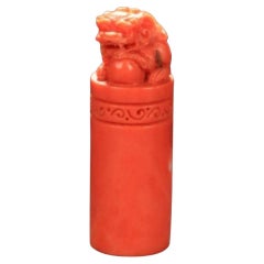 Sello de león chino de coral rojo anaranjado natural tallado a mano