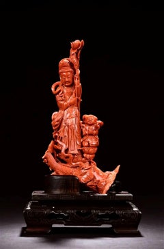 Hand Carved Natural Orange Red Coral Guanyin with Fairchild Worship Sculpture