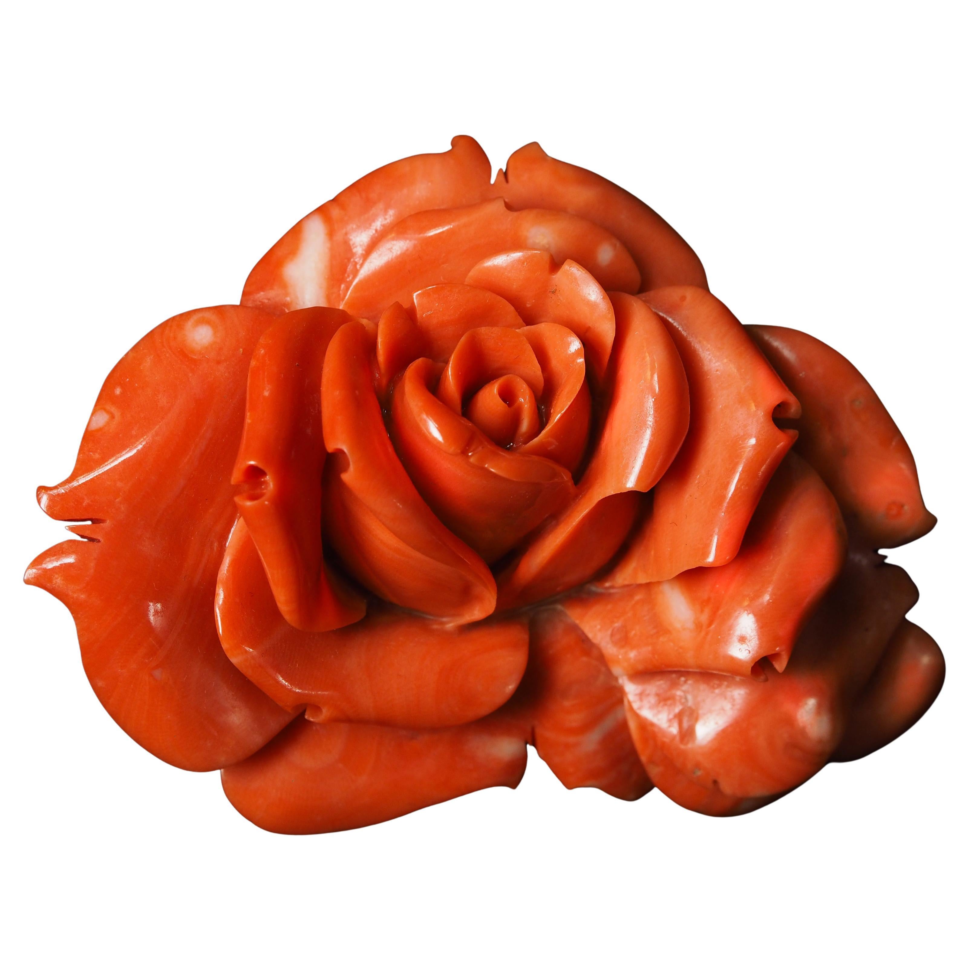 Hand Carved Natural Orange-Red Coral Rose Ornament