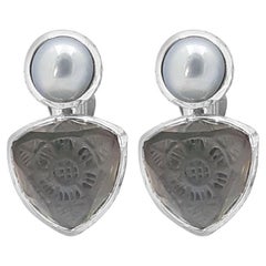 Hand Carved Natural Quartz and Mother of Pearl Clip Earring in Sterling Silver