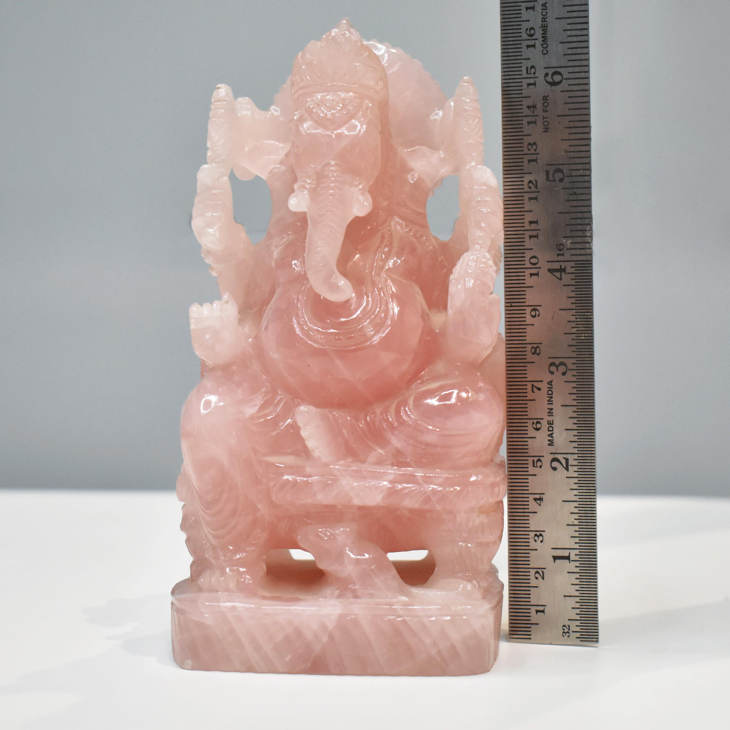 Hand-Carved Natural Rose Quartz Ganesha Idol Sculpture Religious Figurine For Sale 4