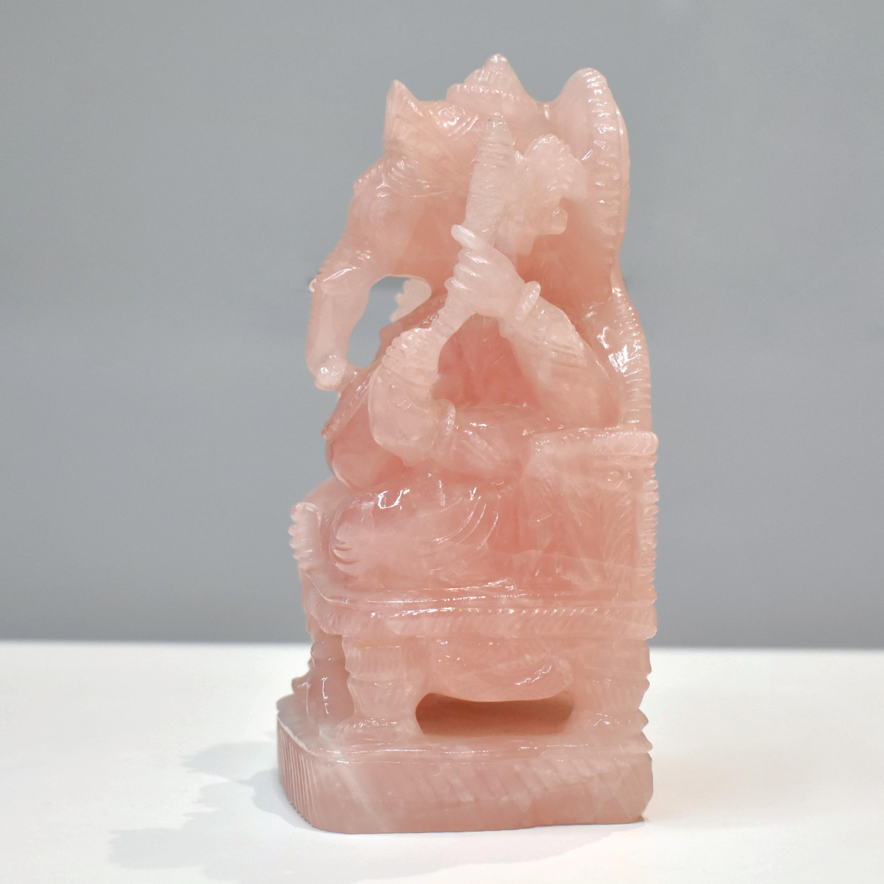Artisan Hand-Carved Natural Rose Quartz Ganesha Idol Sculpture Religious Figurine For Sale