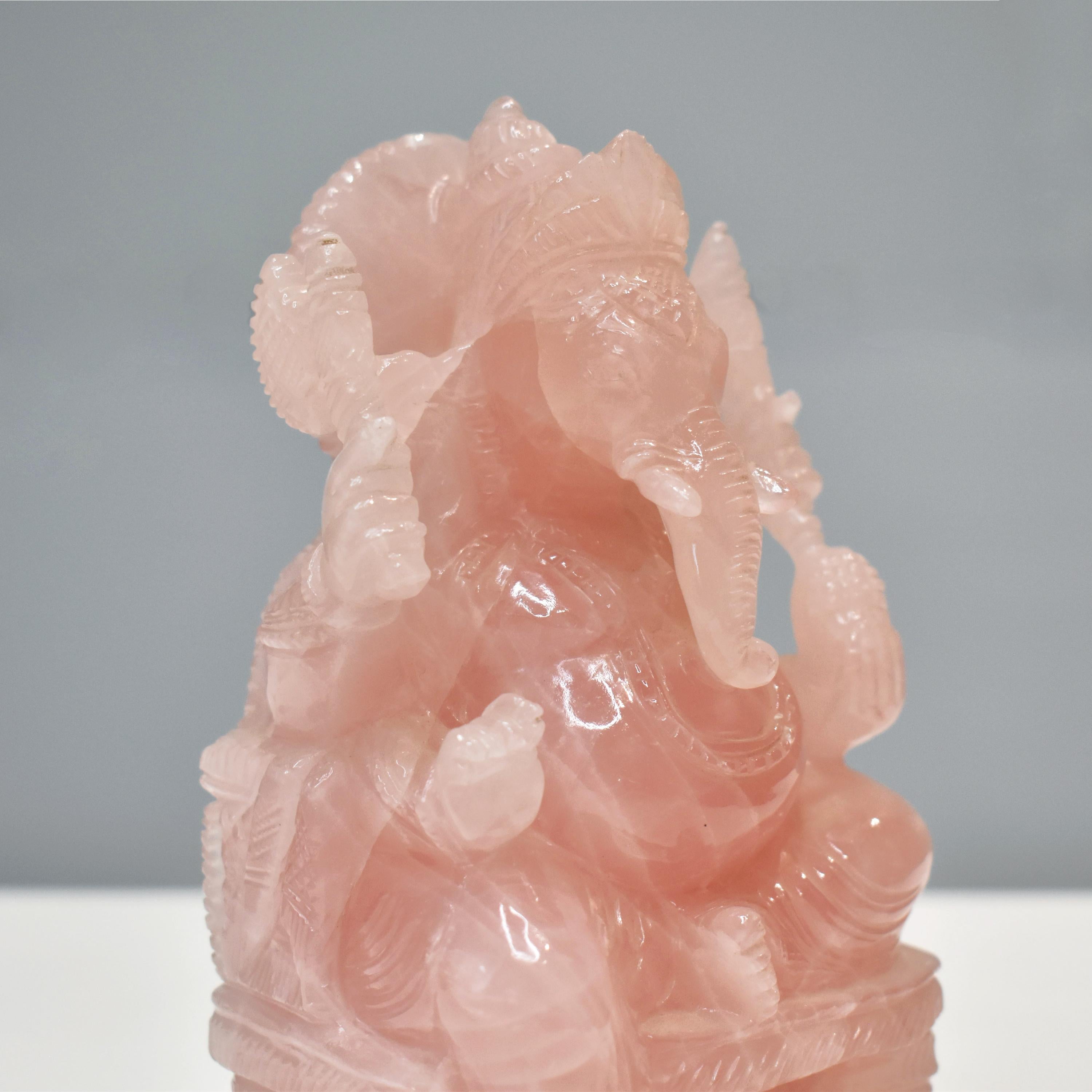 Hand-Carved Natural Rose Quartz Ganesha Idol Sculpture Religious Figurine For Sale 1