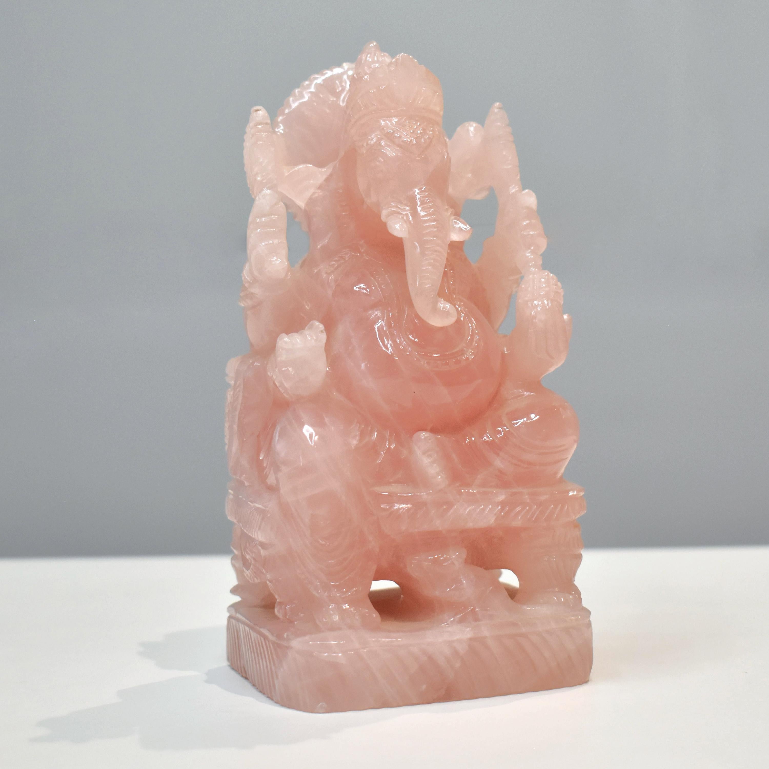 Hand-Carved Natural Rose Quartz Ganesha Idol Sculpture Religious Figurine For Sale 2