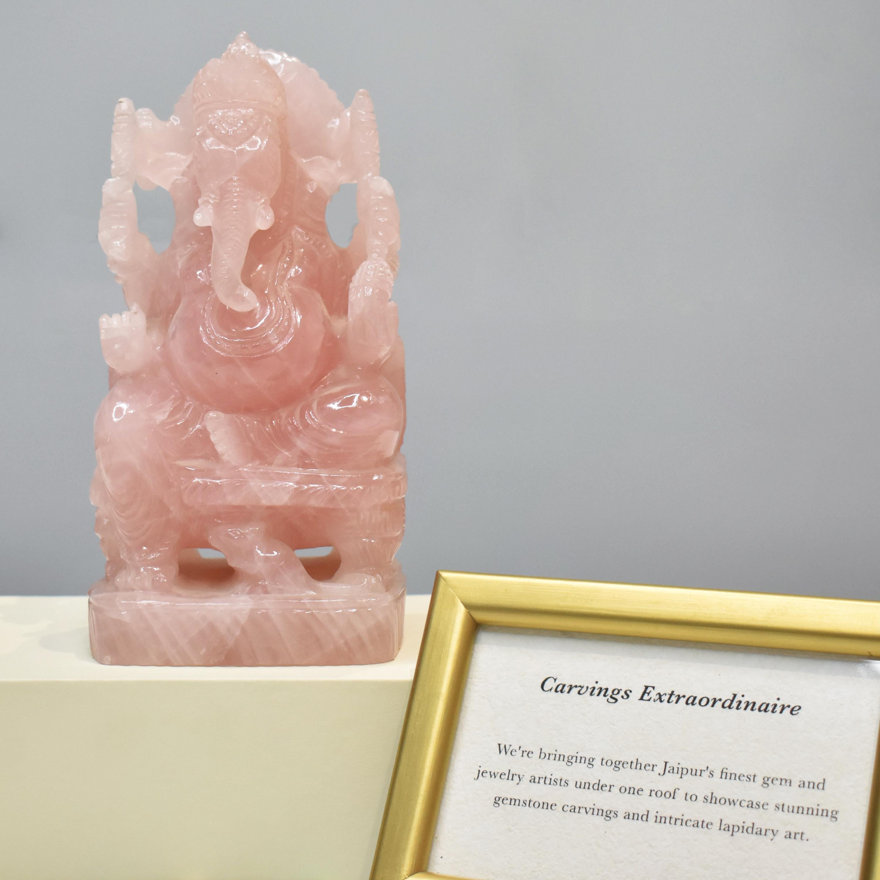 Hand-Carved Natural Rose Quartz Ganesha Idol Sculpture Religious Figurine For Sale 3