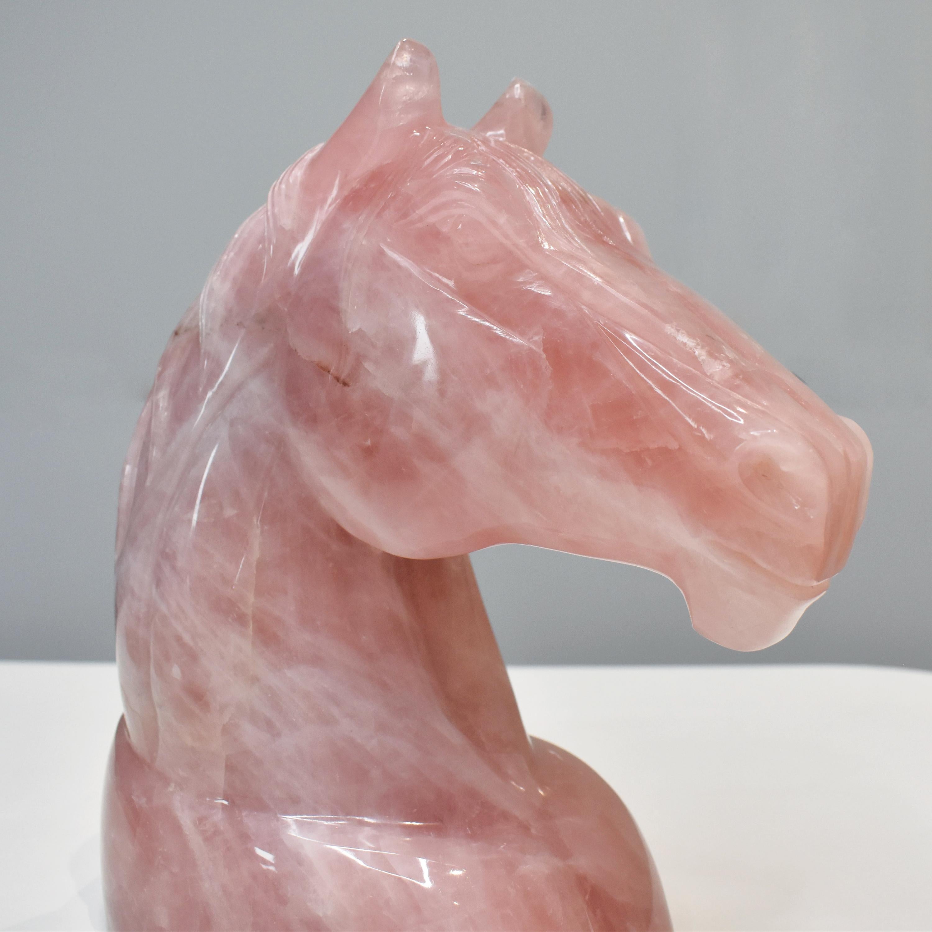 Hand-Carved Natural Rose Quartz Horse Sculpture Figurine For Sale 4