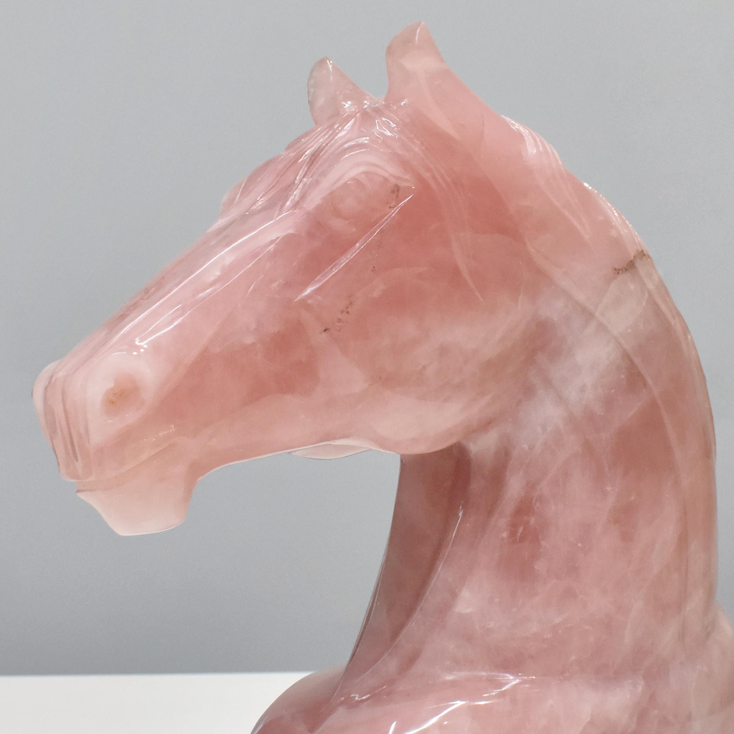 Women's or Men's Hand-Carved Natural Rose Quartz Horse Sculpture Figurine For Sale