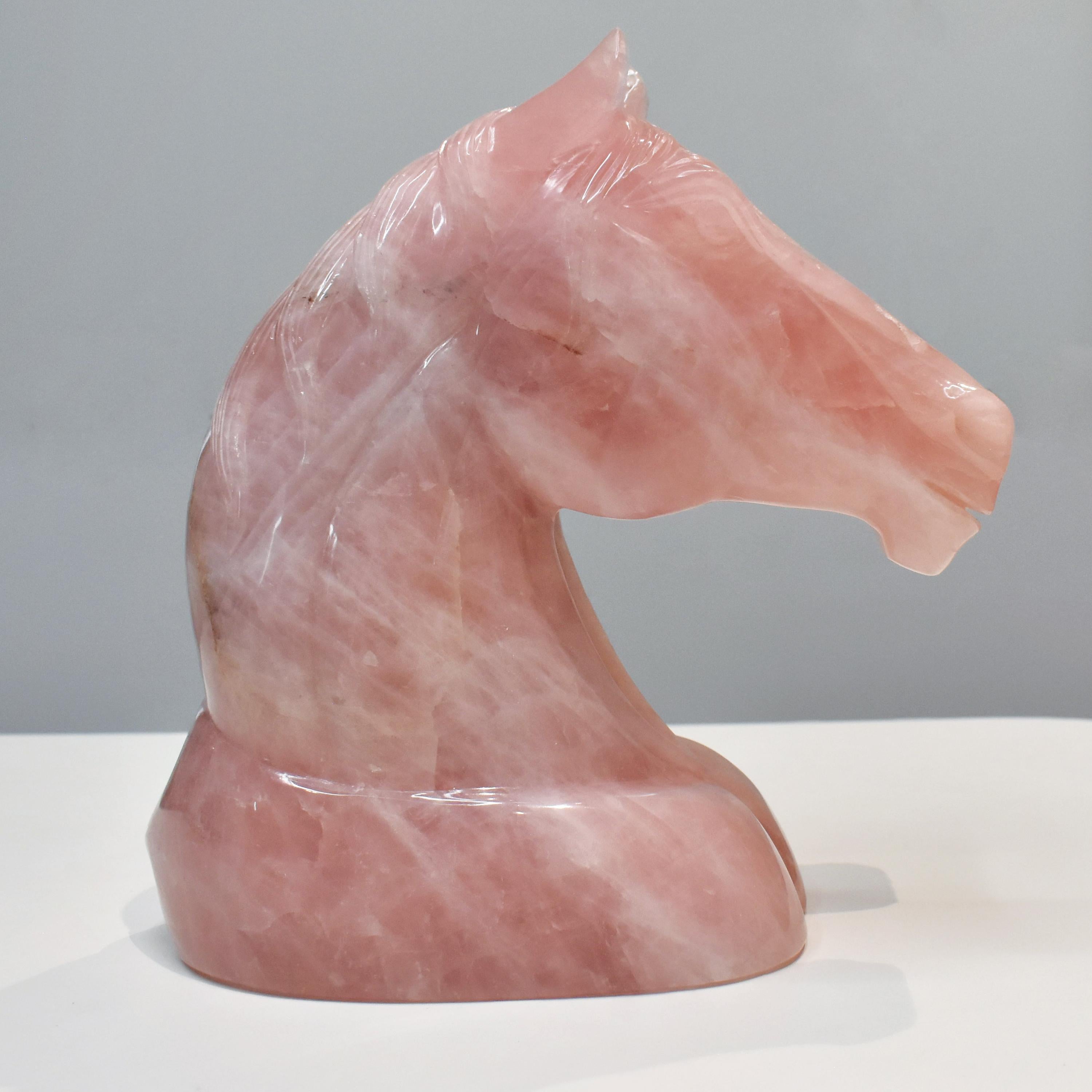 Hand-Carved Natural Rose Quartz Horse Sculpture Figurine For Sale 2