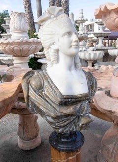 Hand Carved Neoclassical Female Bust in White and Veined Marble