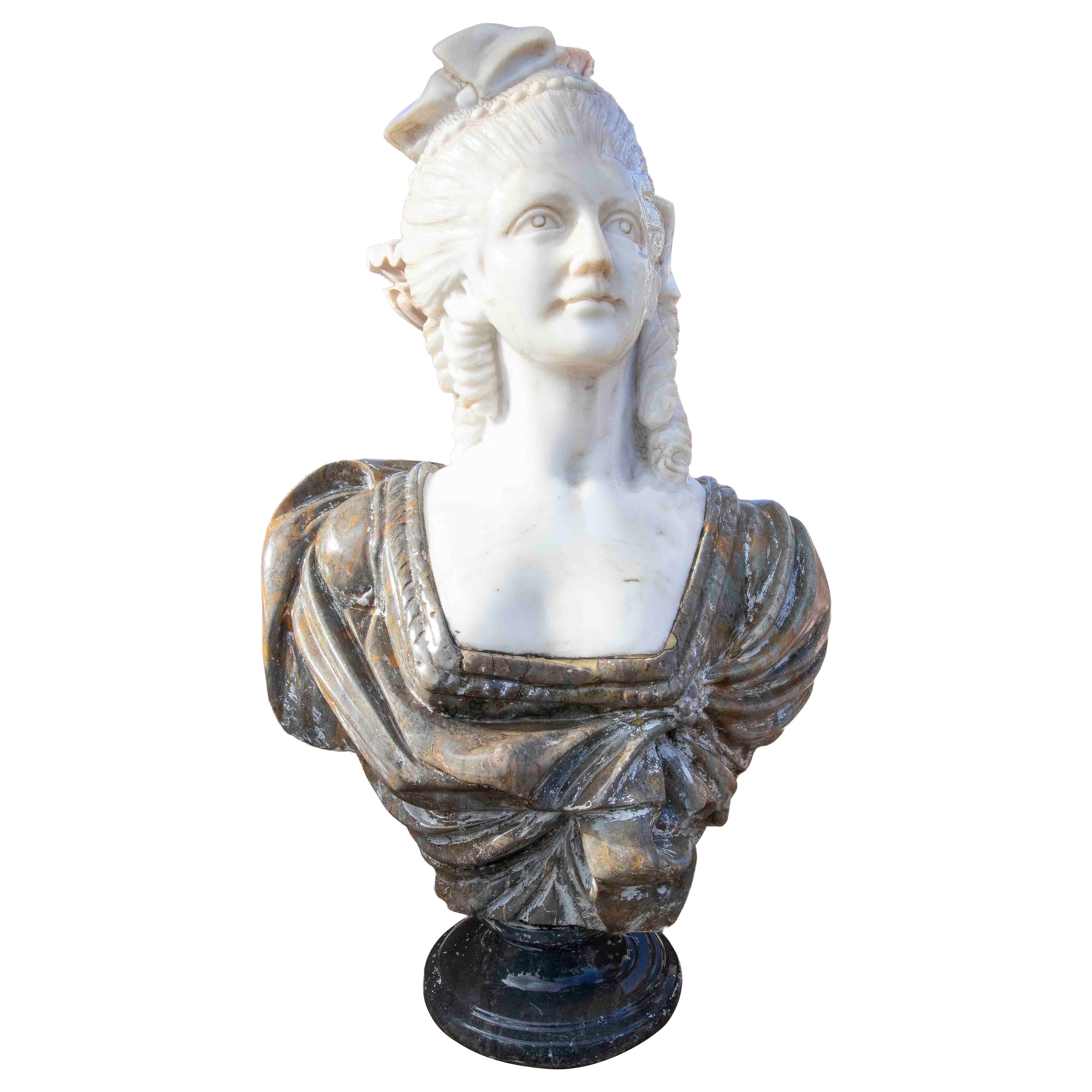 Hand Carved Neoclassical Female Bust in White and Veined Marble