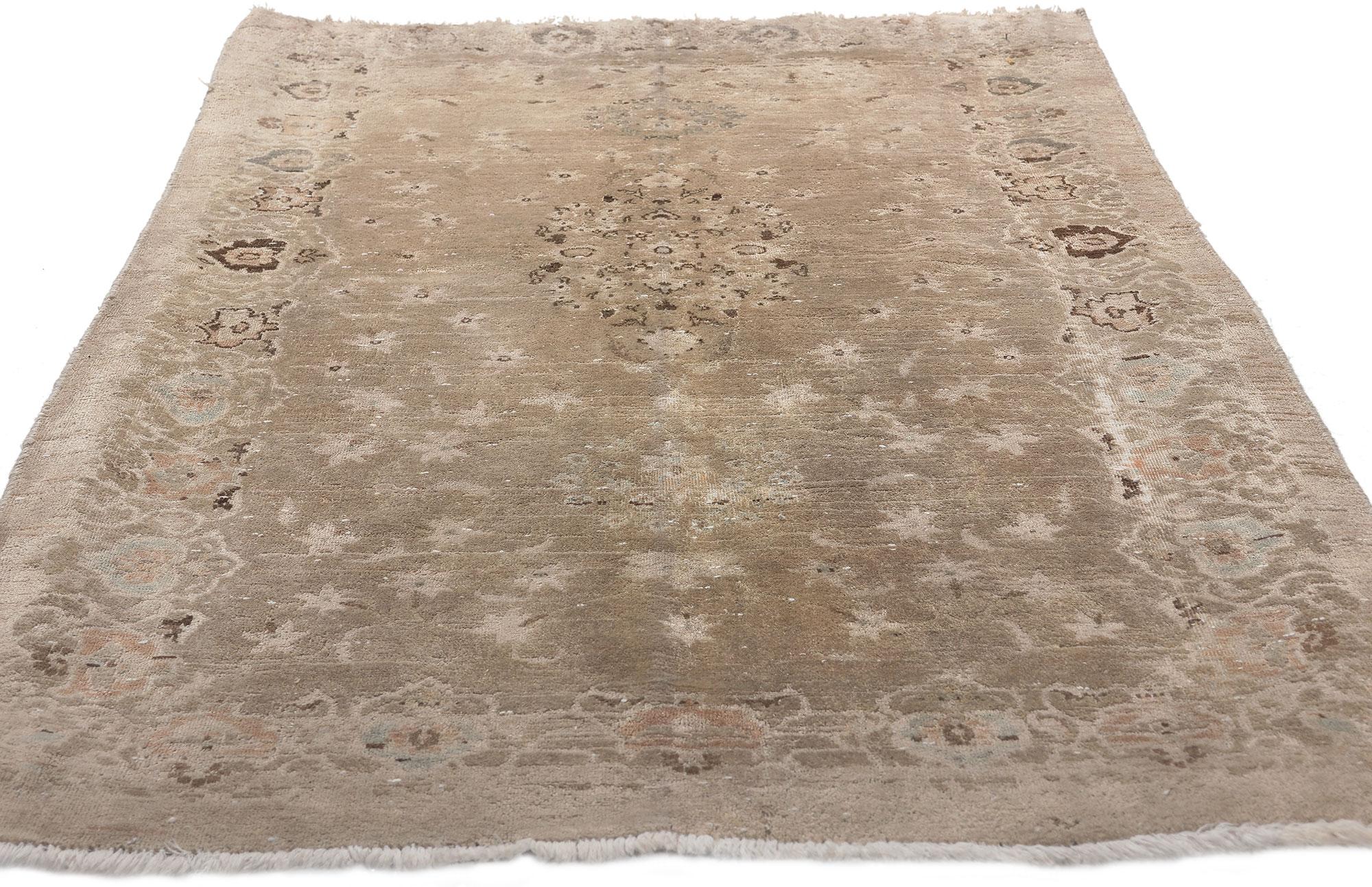 Hand-Knotted Hand Carved Neutral Vintage Persian Kashan Rug For Sale