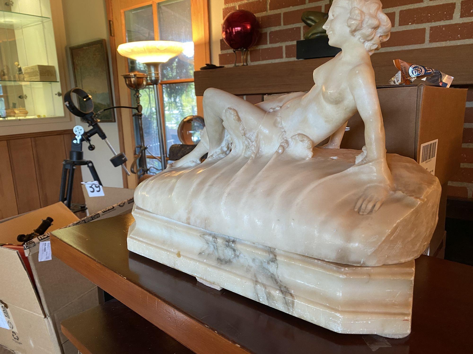 American Classical Hand Carved Nude Light Alabaster Glamour Sculpture, Circa 1920 For Sale