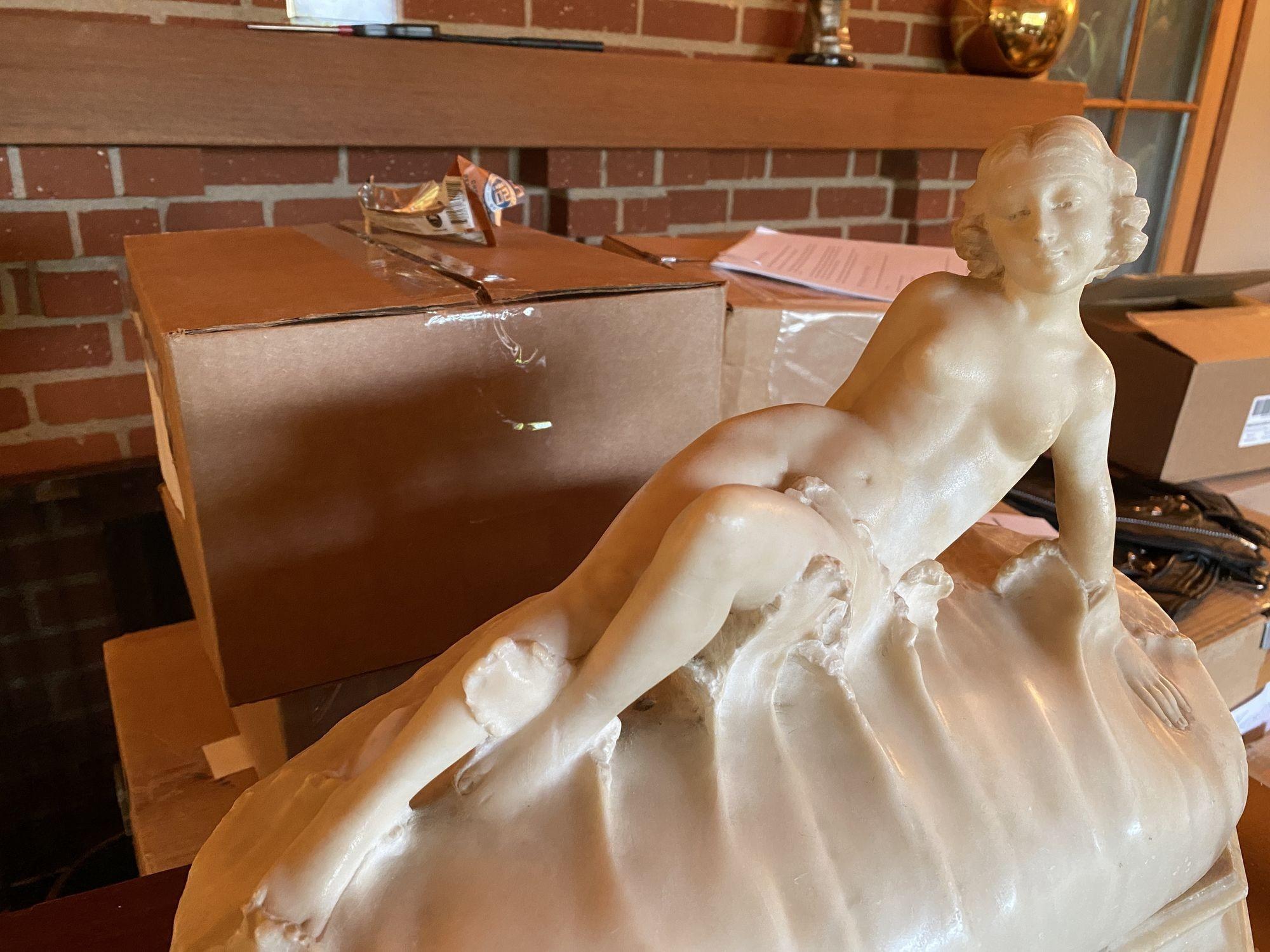 American Hand Carved Nude Light Alabaster Glamour Sculpture, Circa 1920 For Sale