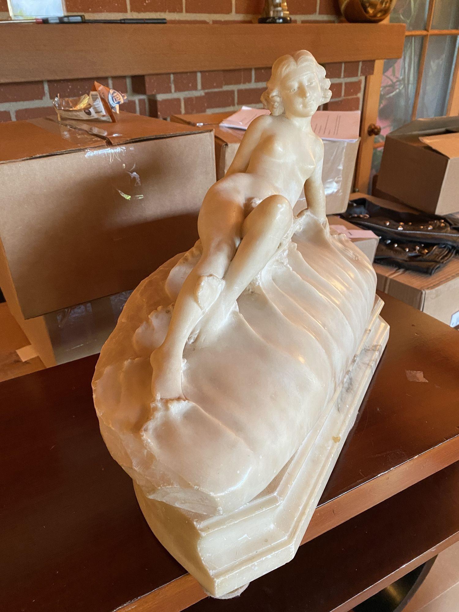 Hand Carved Nude Light Alabaster Glamour Sculpture, Circa 1920 In Excellent Condition For Sale In Van Nuys, CA
