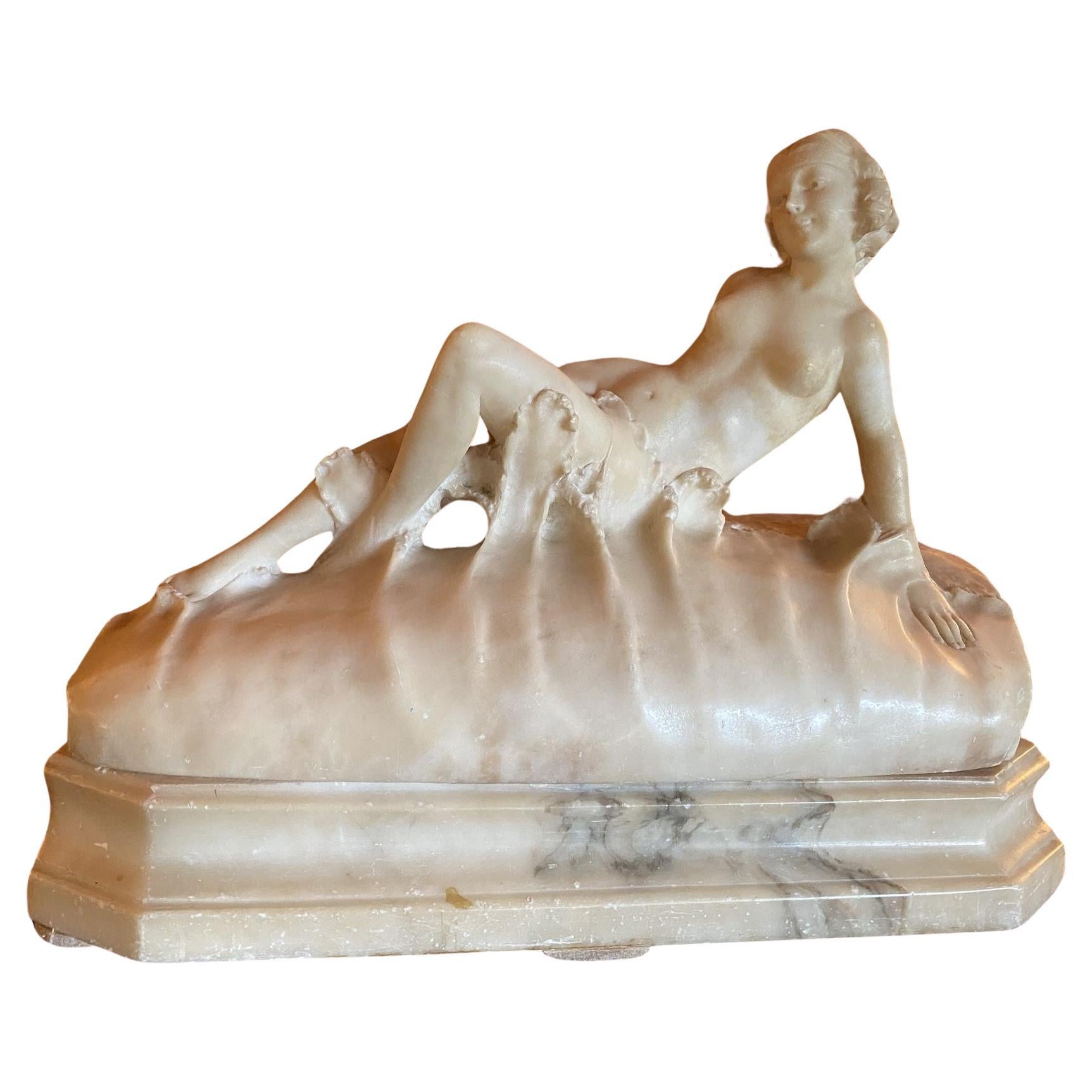 Hand Carved Nude Light Alabaster Glamour Sculpture, Circa 1920 For Sale