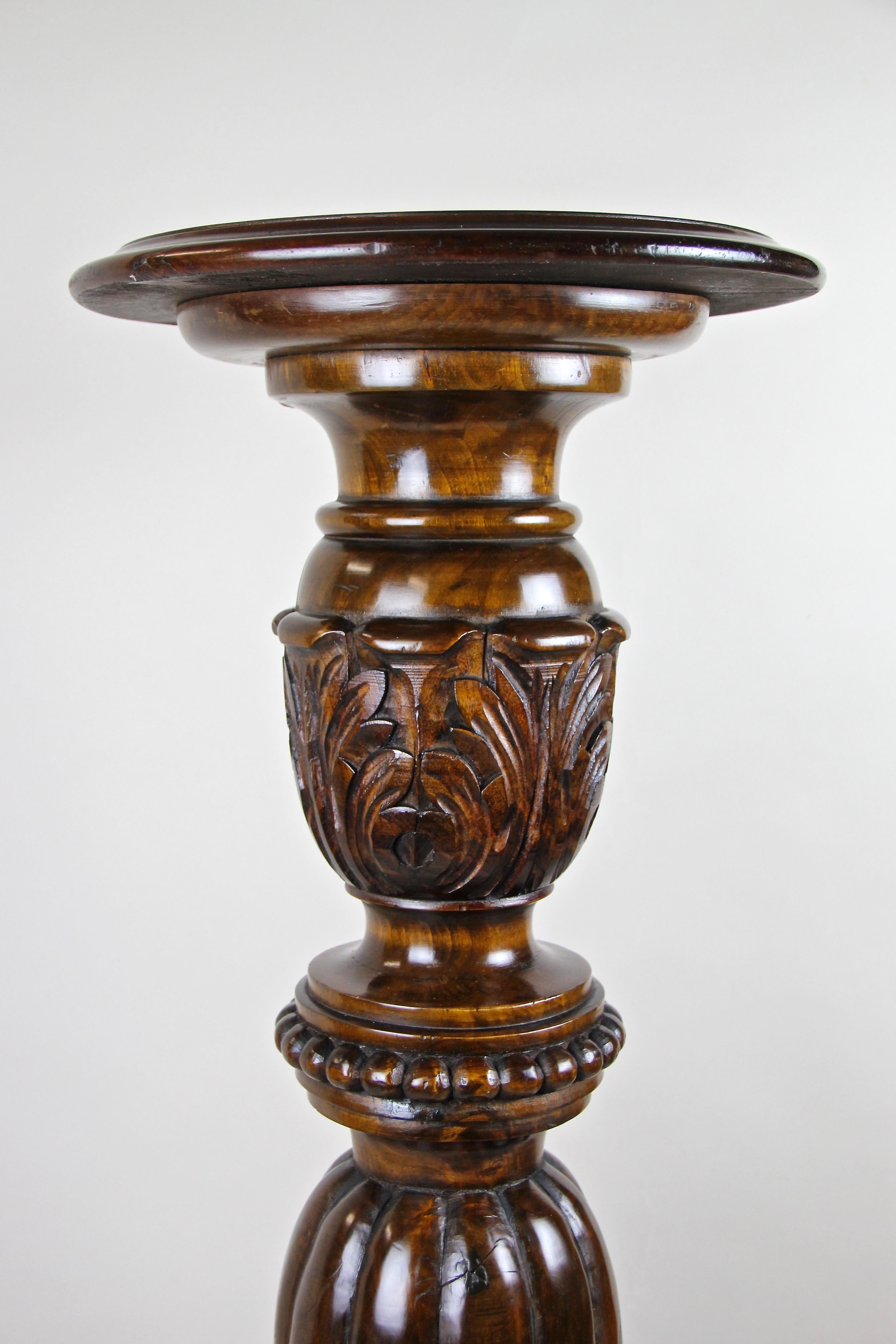 Gorgeous nut wood pedestal from Hungary, circa 1870 with a classy design. Elaborately hand-carved out of solid nut wood, this beautiful piece comes with a very appealing base standing on three lion paws. The fantastic bulbous shaped column runs into