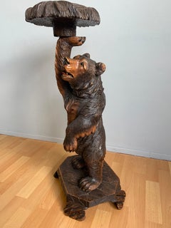 Hand Carved Nutwood Swiss Black Forest Bear Table Stand with Hinging Head