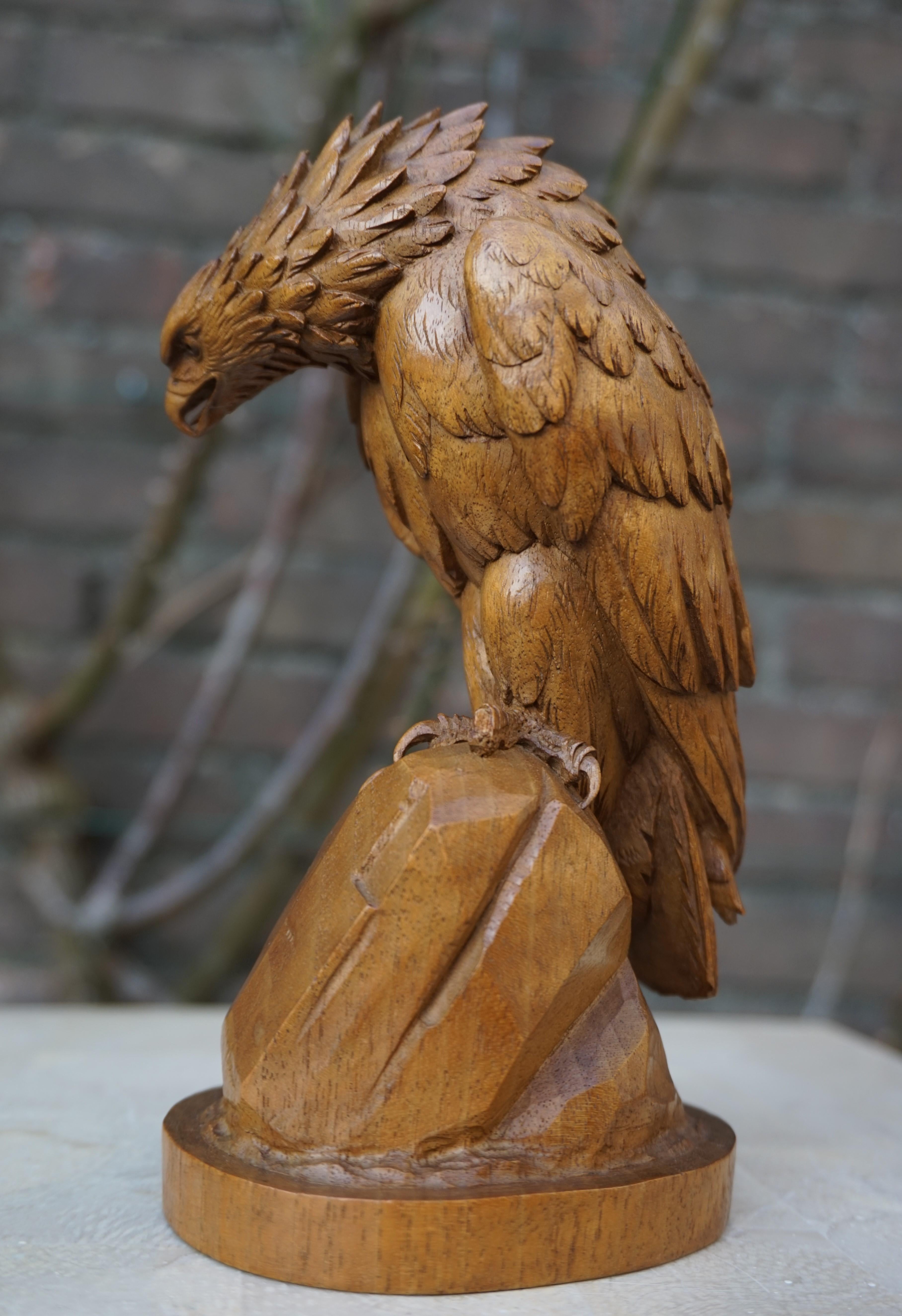 Hand Carved Nutwood Swiss Black Forest Eagle Sculpture Marked Interlaken, 1923 5
