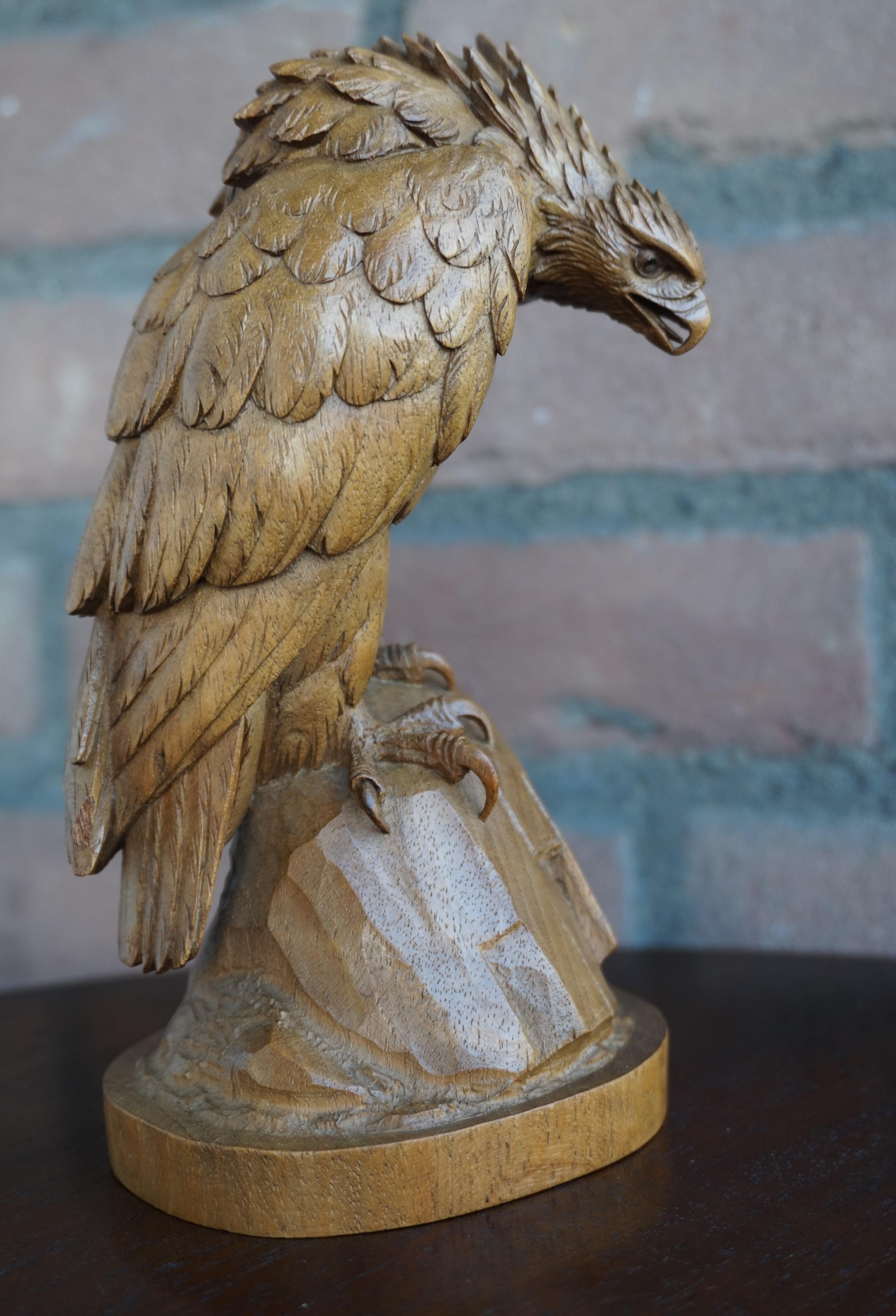Hand Carved Nutwood Swiss Black Forest Eagle Sculpture Marked Interlaken, 1923 6
