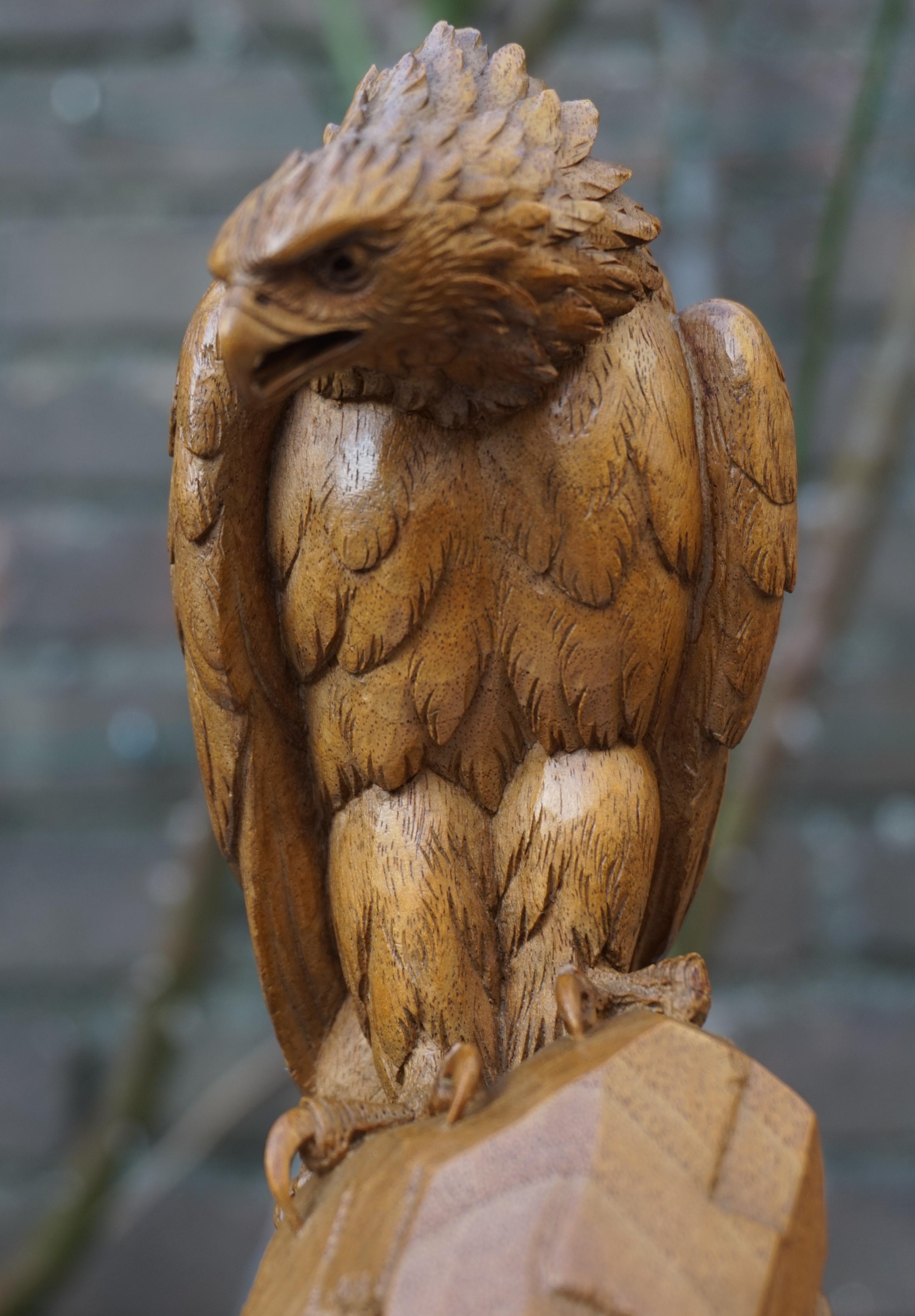 Hand Carved Nutwood Swiss Black Forest Eagle Sculpture Marked Interlaken, 1923 11