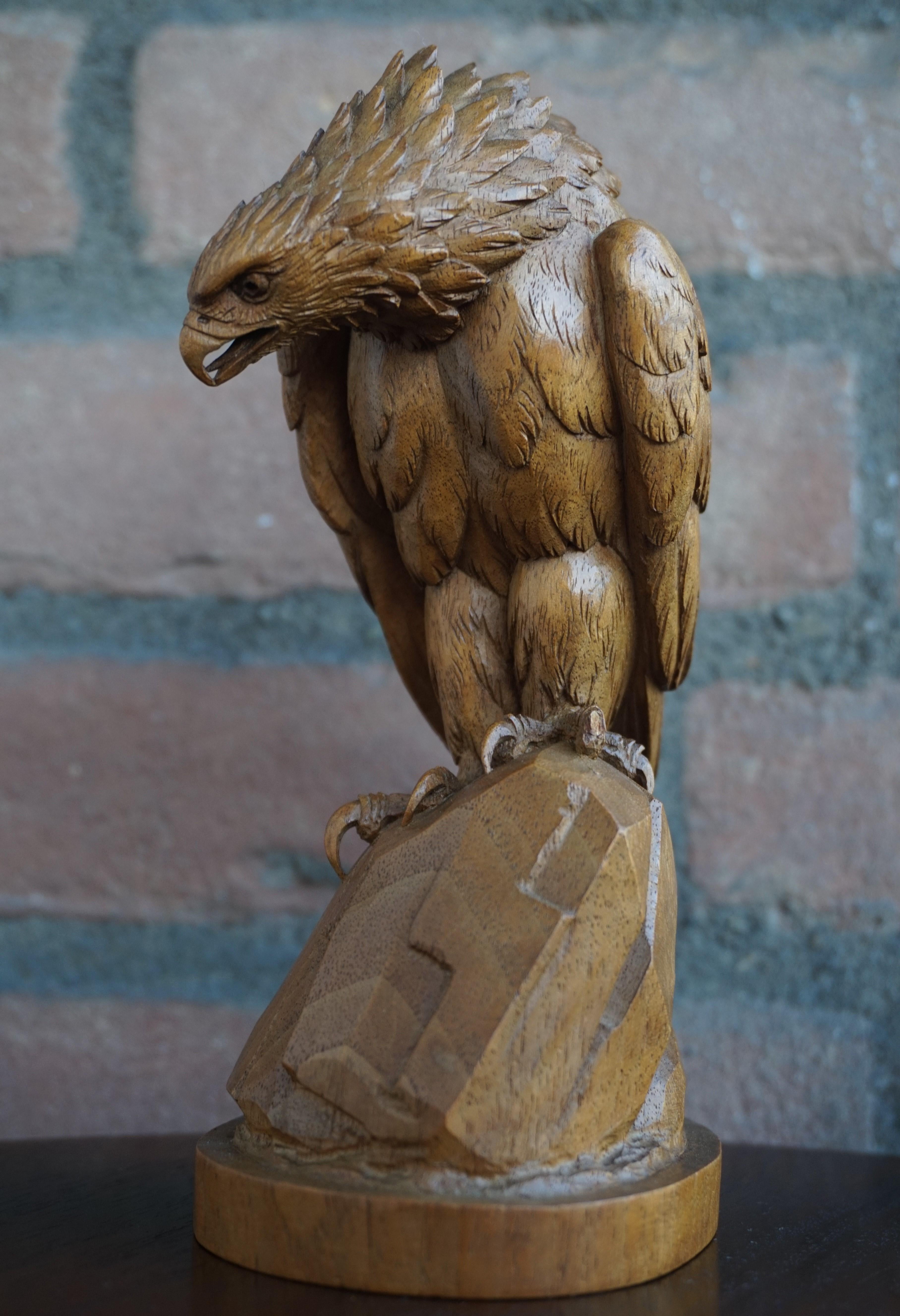 Hand Carved Nutwood Swiss Black Forest Eagle Sculpture Marked Interlaken, 1923 12