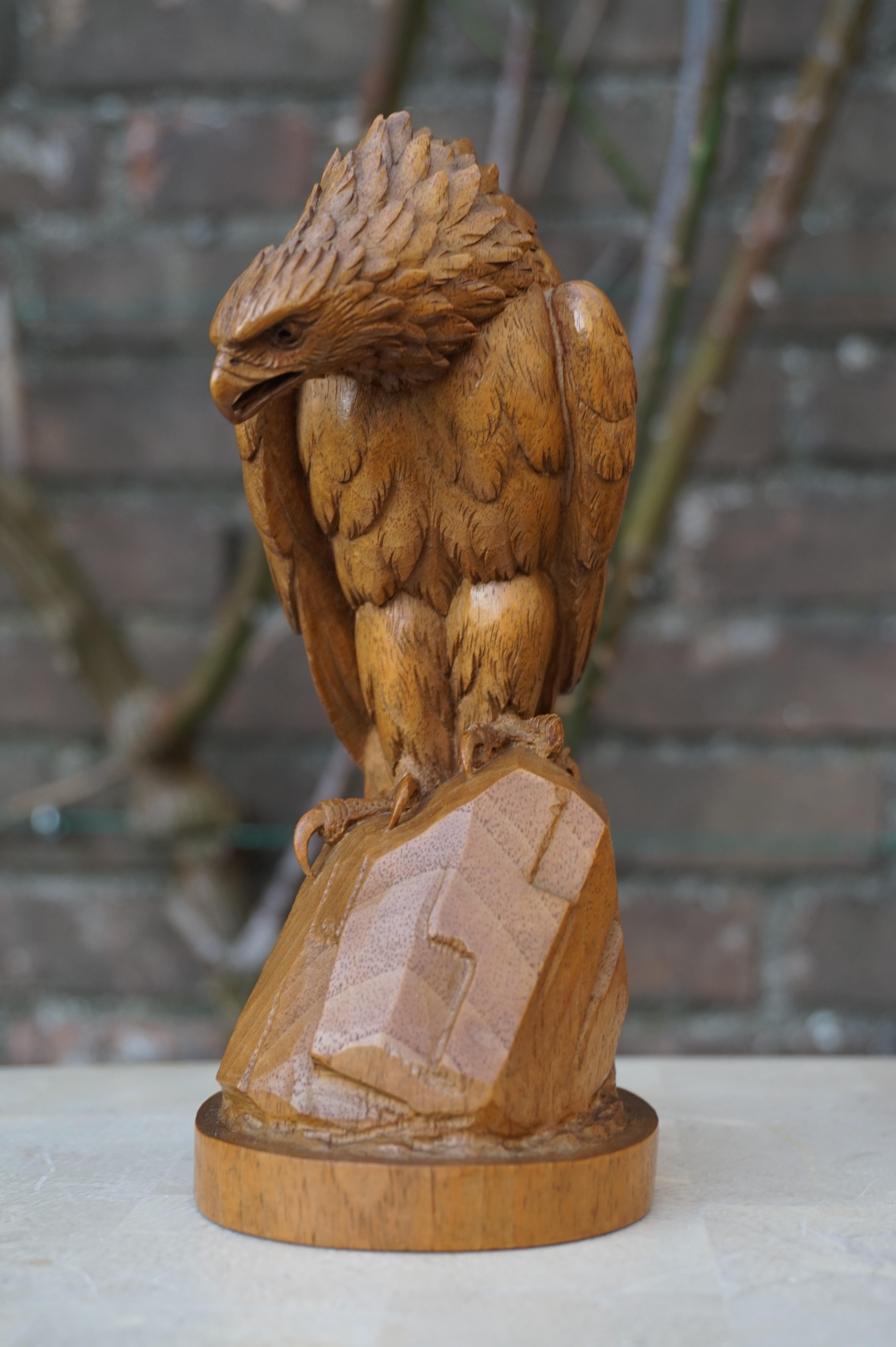 Hand-Crafted Hand Carved Nutwood Swiss Black Forest Eagle Sculpture Marked Interlaken, 1923