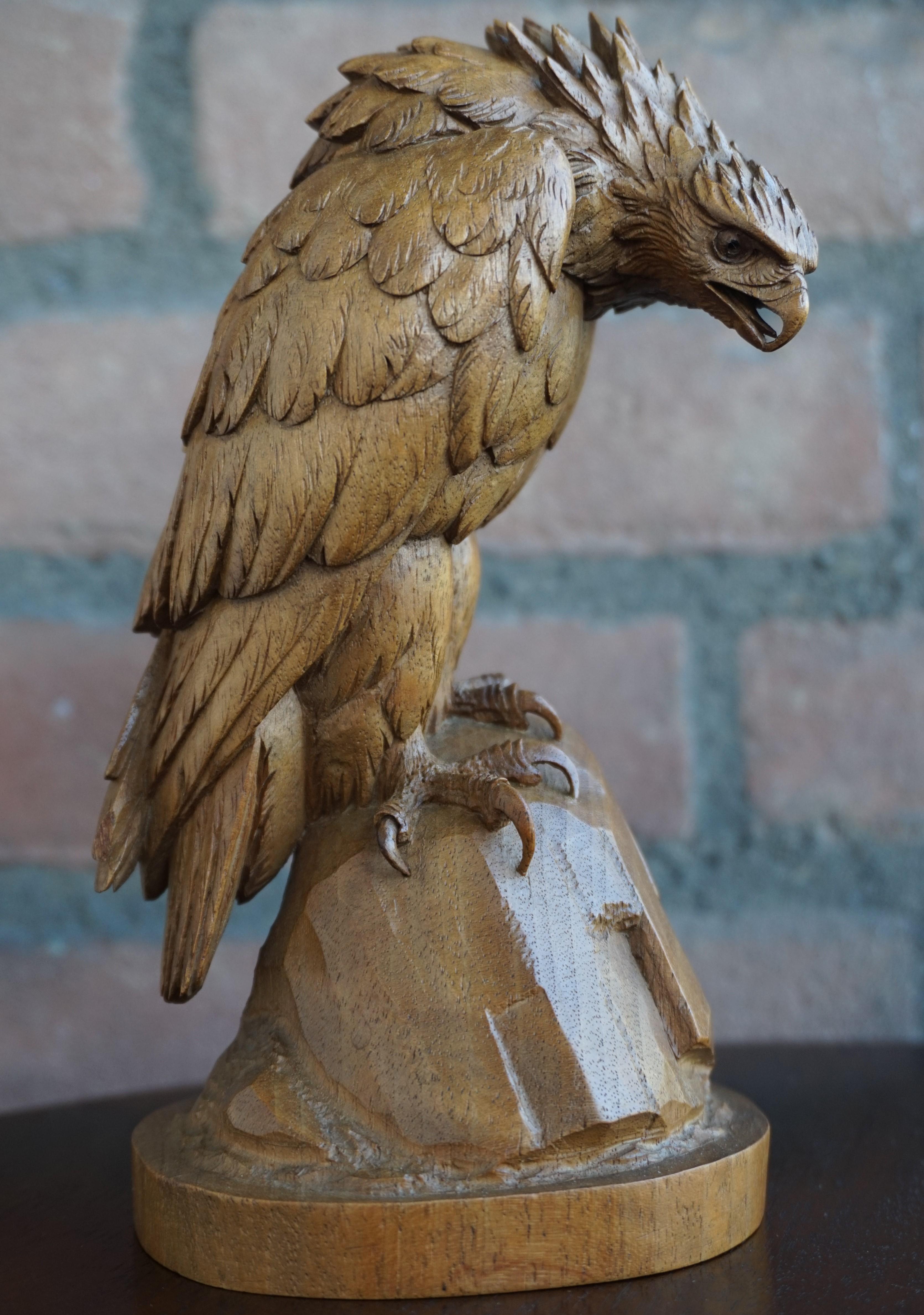 Hand Carved Nutwood Swiss Black Forest Eagle Sculpture Marked Interlaken, 1923 3