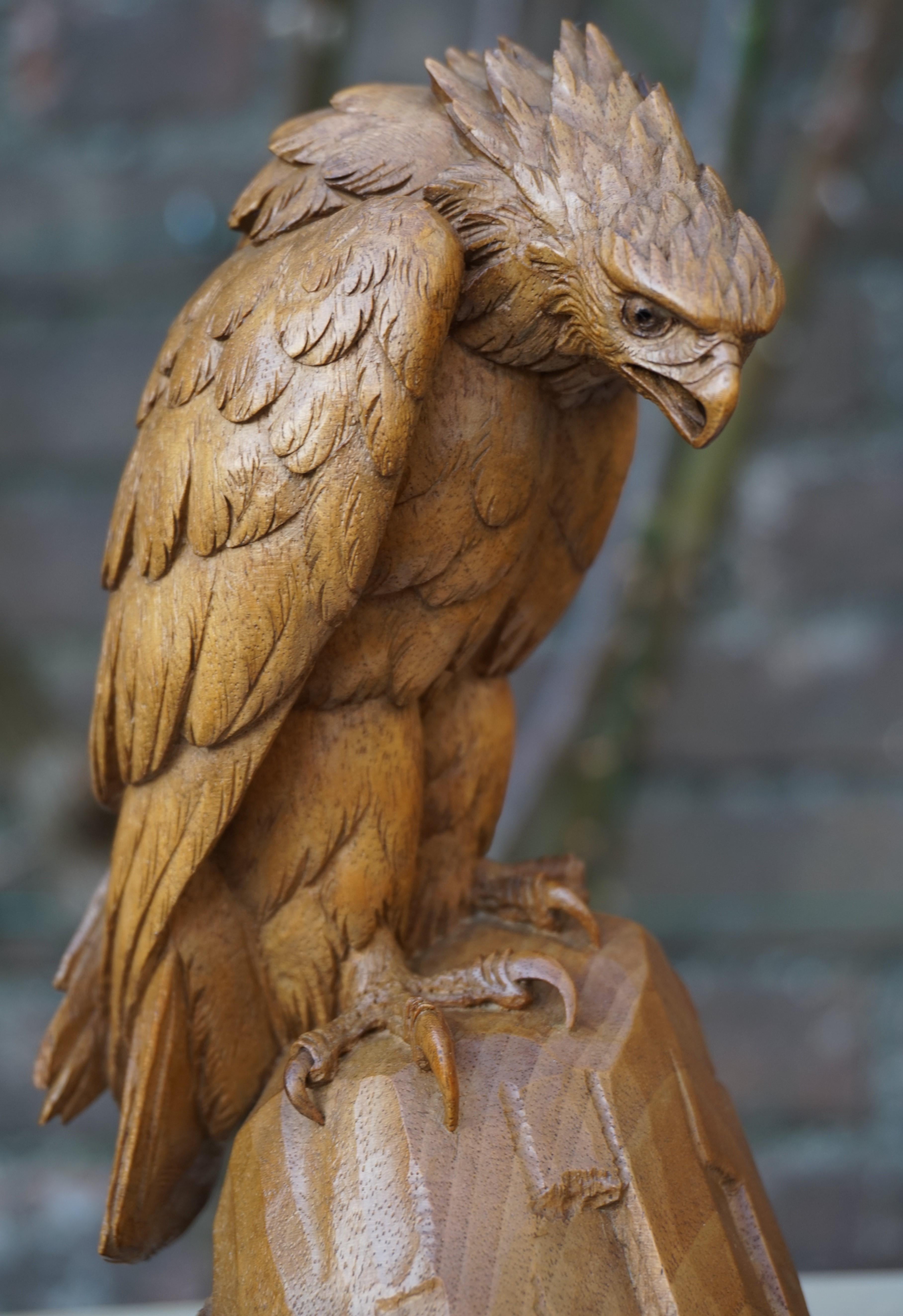 Hand Carved Nutwood Swiss Black Forest Eagle Sculpture Marked Interlaken, 1923 4