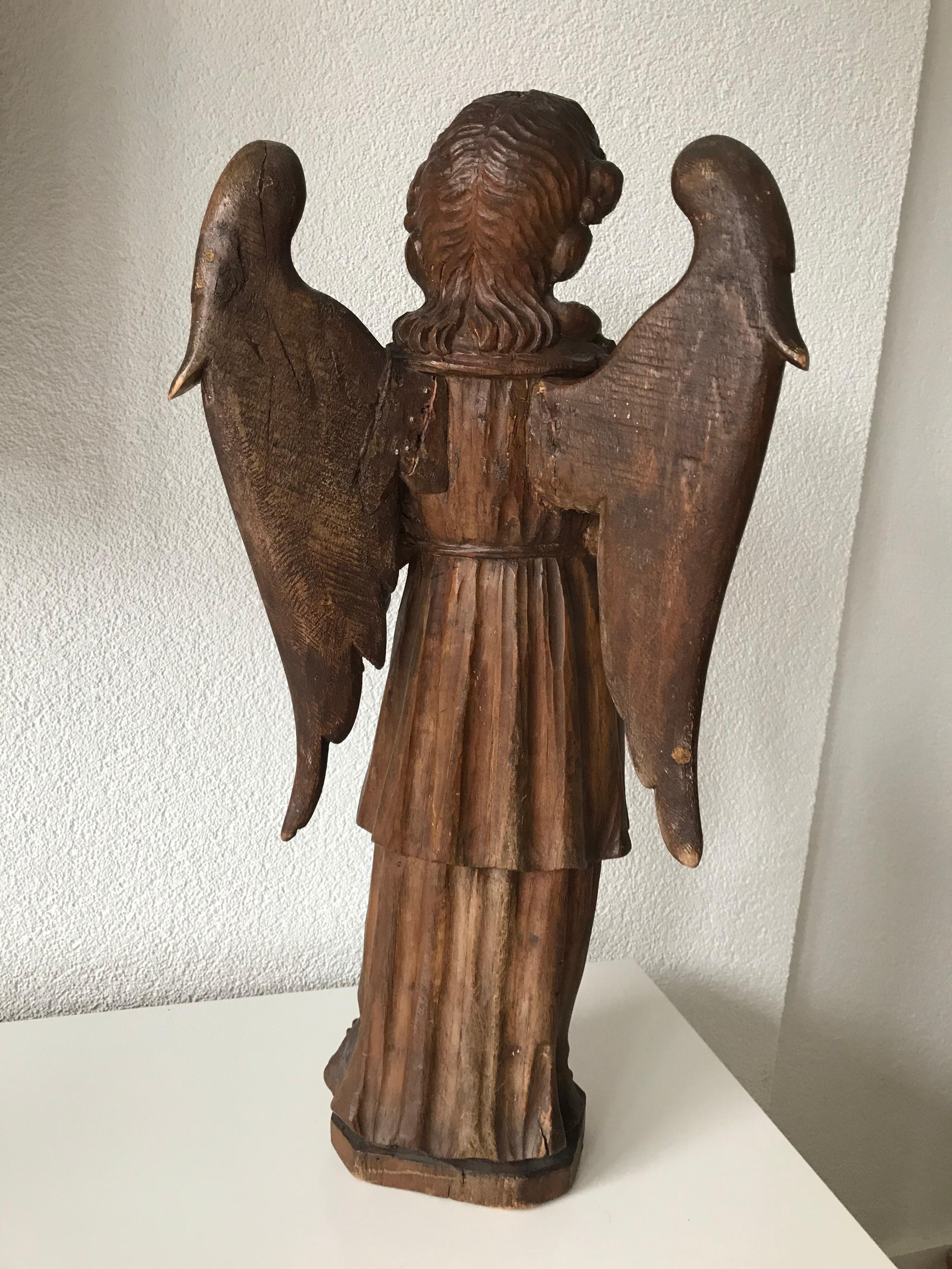 Hand-Carved Oak Angel Statue / Sculpture with Wings Possibly Saint Michael 6