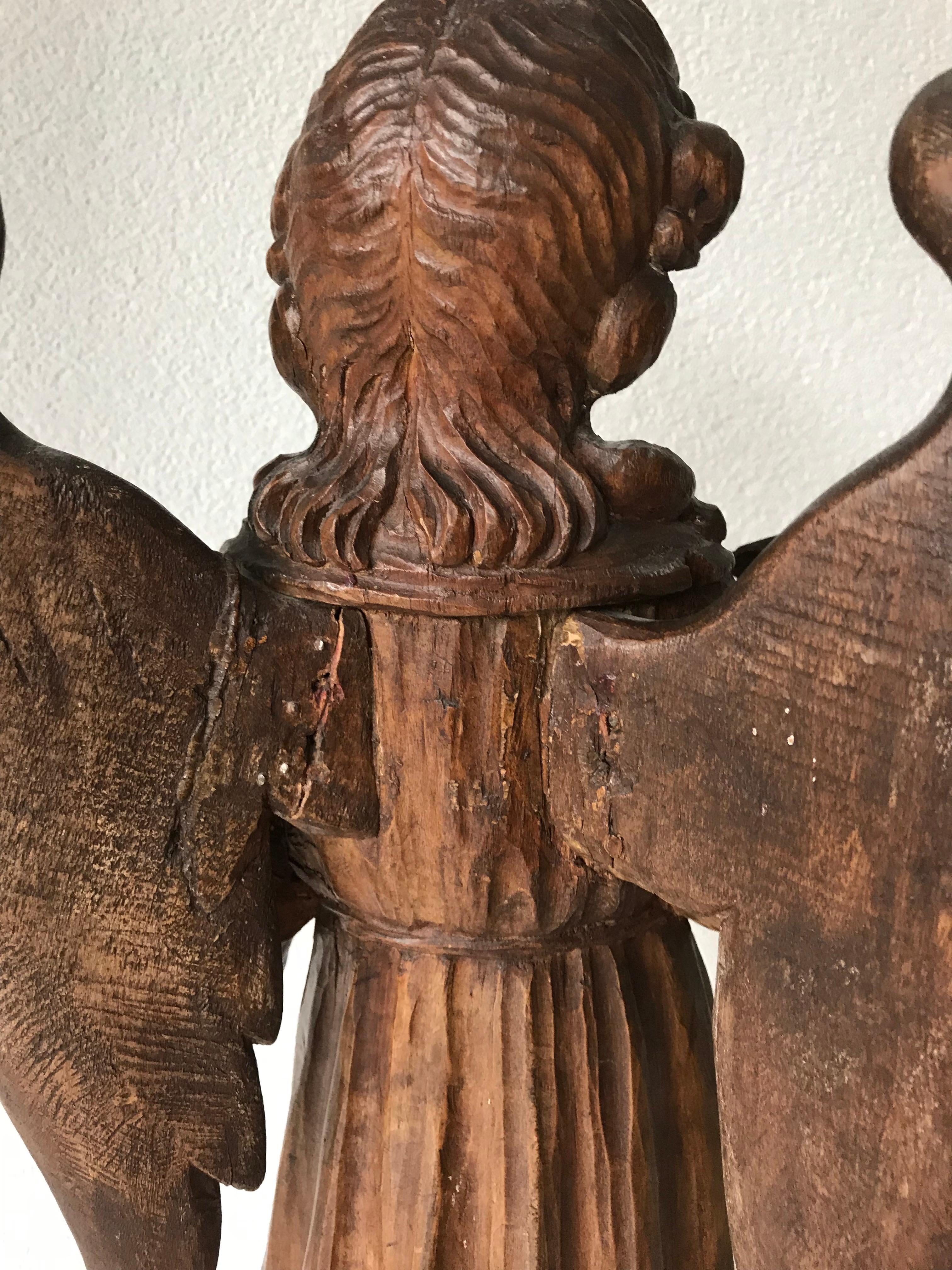 Hand-Carved Oak Angel Statue / Sculpture with Wings Possibly Saint Michael 7