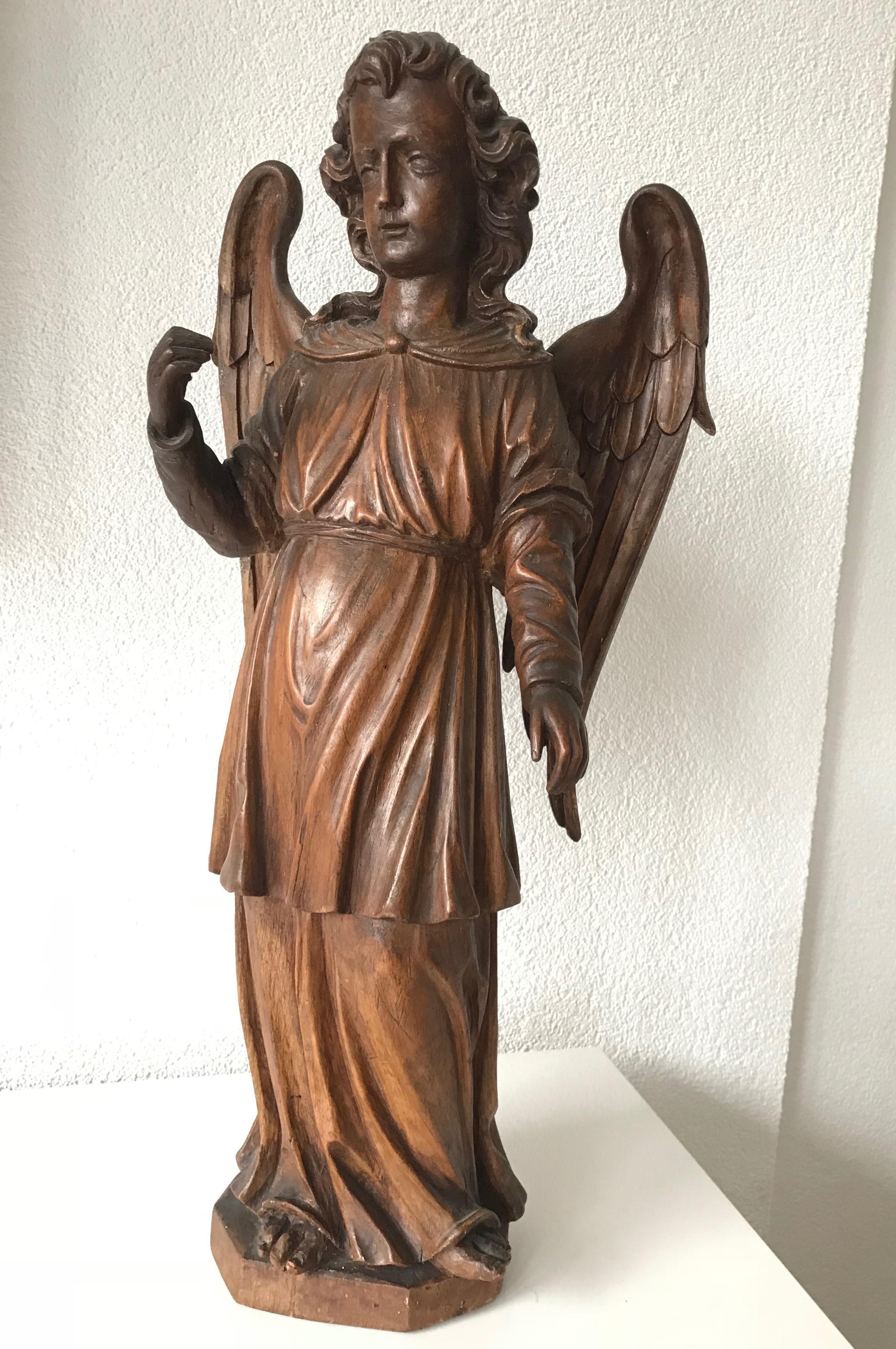 Hand-Carved Oak Angel Statue / Sculpture with Wings Possibly Saint Michael 10