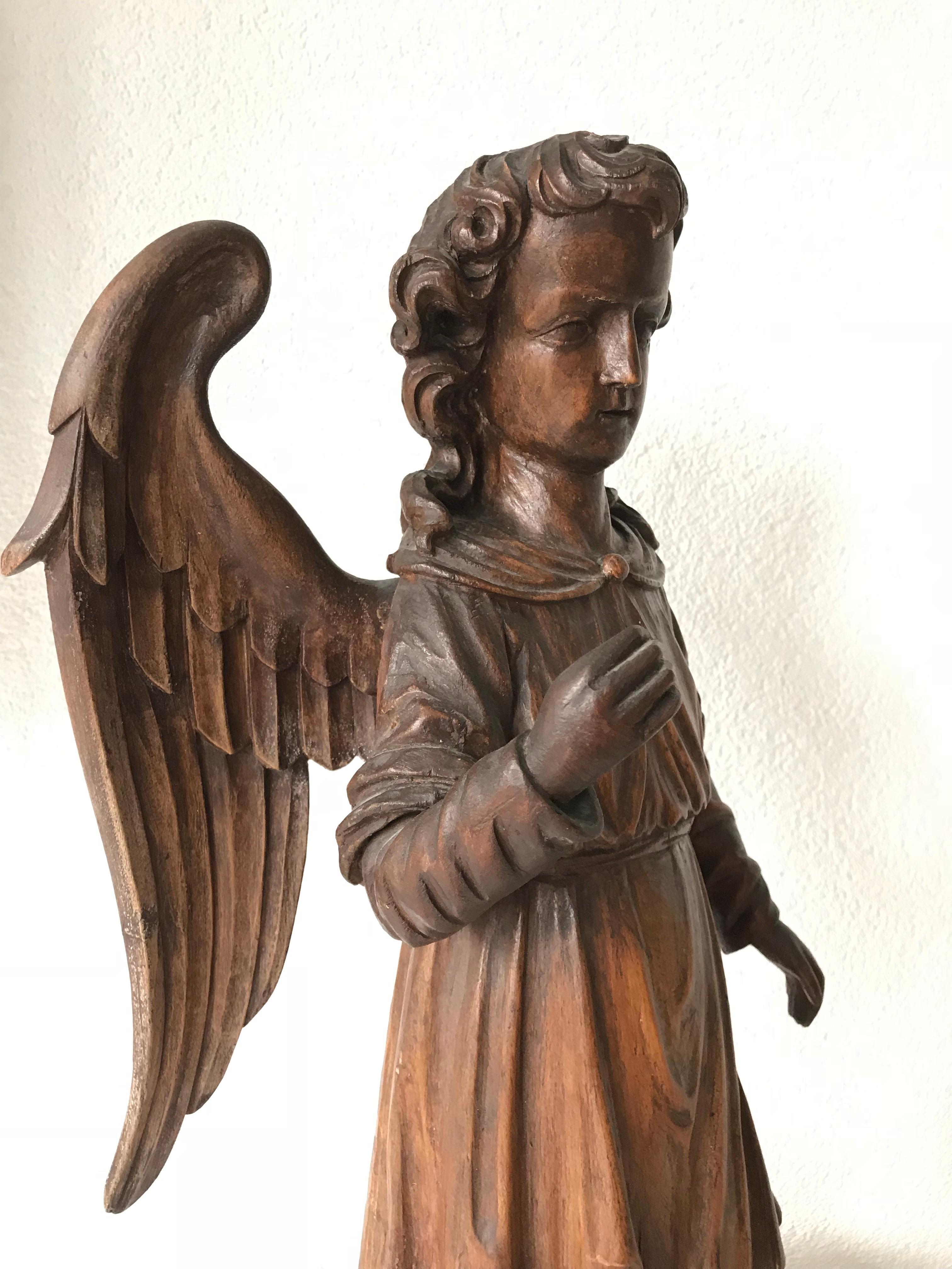 Hand-Carved Oak Angel Statue / Sculpture with Wings Possibly Saint Michael In Good Condition In Lisse, NL